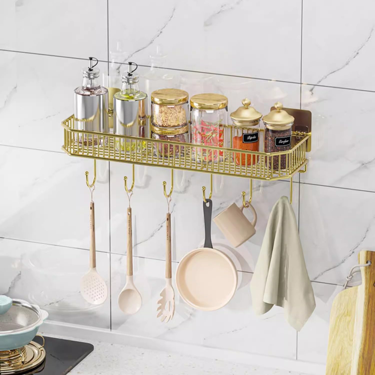 Mensola Doccia Mensola portaoggetti da Parete con 5 Ganci, mensole galleggianti in Acciaio Inox for Bagno e Cucina, salvaspazio, Senza Fori, Oro/Nero Mensole Bagno(Gold,M)