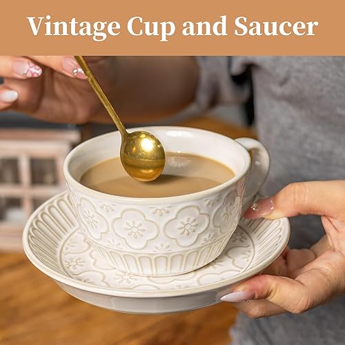 Miniatura 2 de Taza de café con platillo, taza de capuchino de 12 onzas, tazas de arte vintage para café expreso turco, tazas de café con leche de granja, tazas de