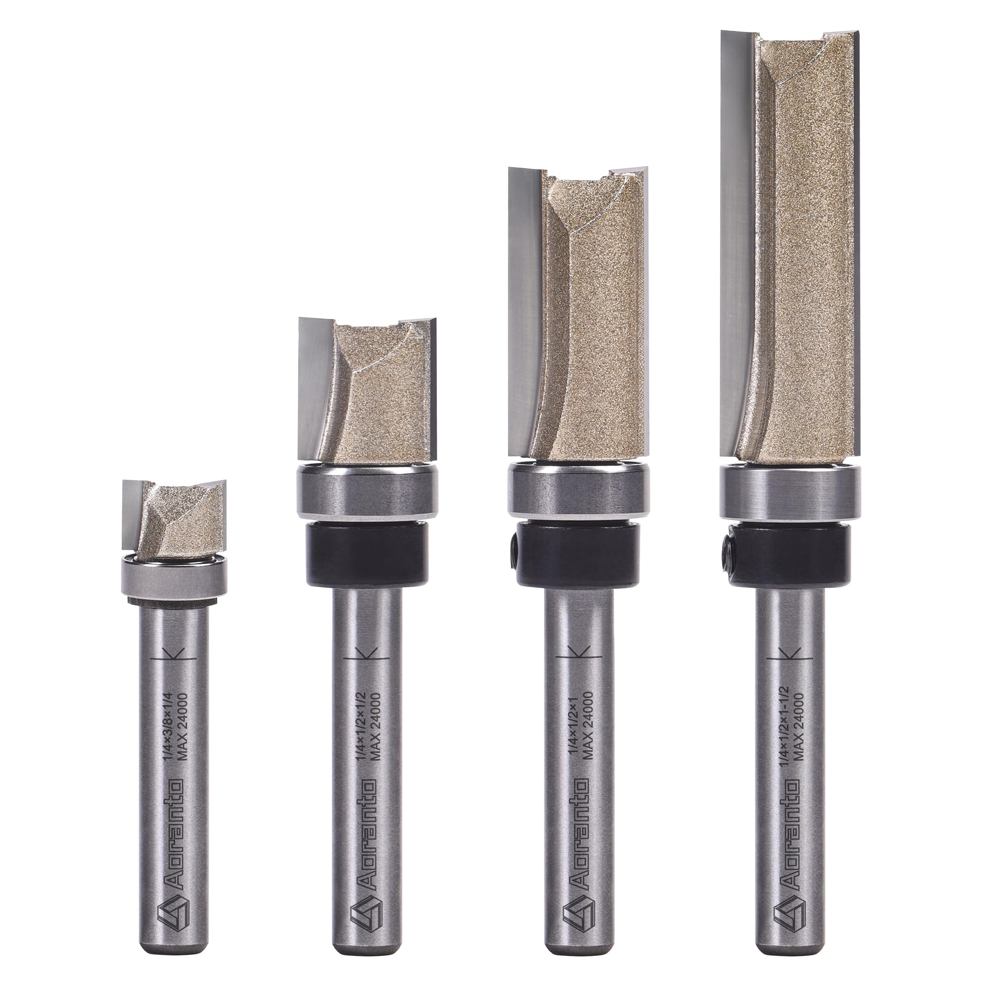 4 Pcs Top Bearing Flush Trim Router Bits 1/4" Shank, Cut Length:1/4", 1/2", 1", 1-1/2", Useful for Template/Pattern Routing of Parts, Joints, Internal Cuts