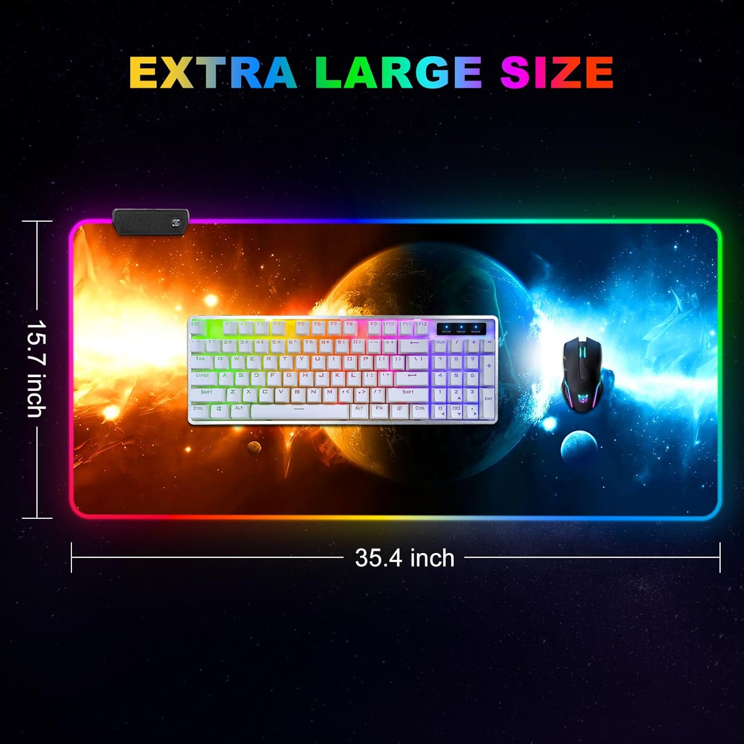 ARTSO RGB Gaming Mouse Pad Large, Extended LED Mouse Mat XXL 35.4x15.7 inch, 14 Lighting Modes, 2 Brightness, Non-Slip Rubber Base Mousepad Waterproof Keyboard Mat,Universe Space Starry Sky