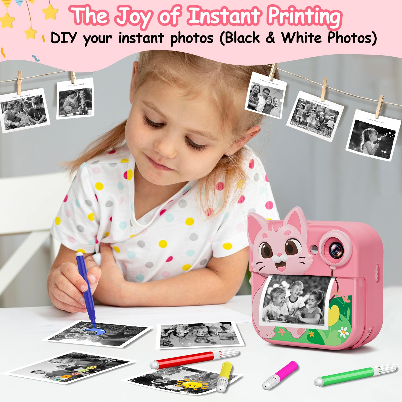 GREENKINDER Macchina Fotografica Bambini Istantanea, 2,4 pollici 1080P Fotocamera Istantanea Bambini, Fotocamera Digitale con 32G Scheda, 5 Penne Colorate, Giocattoli da Regalo per Bambini 3-12 Anni