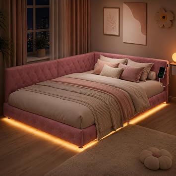 4FT6 Double Upholstered Bed Frame with LED and USB, Daybed 135x190cm, Corner Bed Frame with Padded Backrest, Low Platform Bed with Slatted Base for Adults Teens Bedroom Guest Room, Pink (Pink)