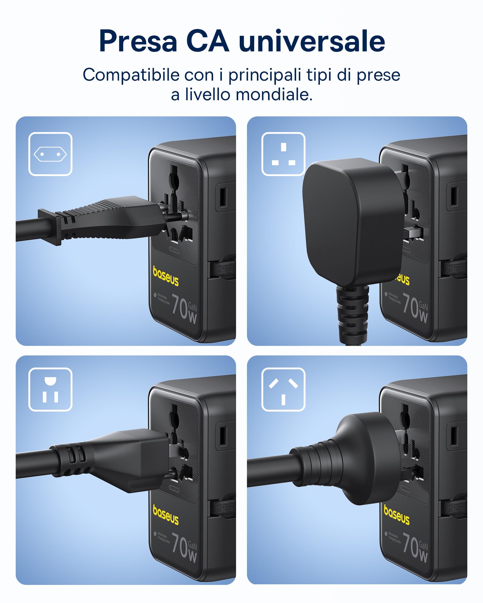 Baseus Enercore Adattatore da Viaggio Universale 70W con Cavo Estraibile, Spina Universale con 2AC + 2USB A + USB C, Adattatore Internazionale per USA, Regno Unito, Giappone, Thailandia, Australia