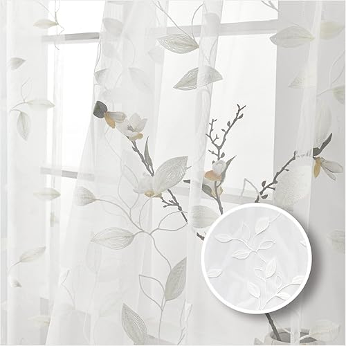 NHNHN Juego de 2 paneles de cortinas traslúcidas de 63 pulgadas de largo, paneles de cortina de gasa semitransparentes bordados, cortinas