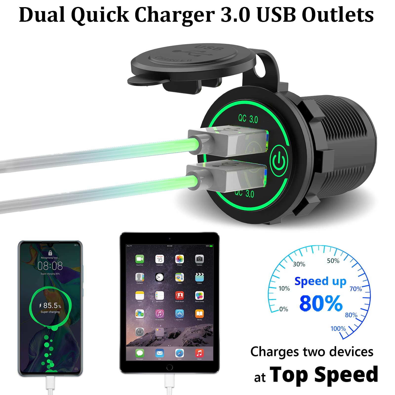 Car USB Outlet 12V Charger Socket, Qidoe Waterproof 36W Dual QC3.0 USB Power Socket with Touch Switch DIY for Car Boat Marine RV Motorcycle Bus Truck Golf Cart, Green