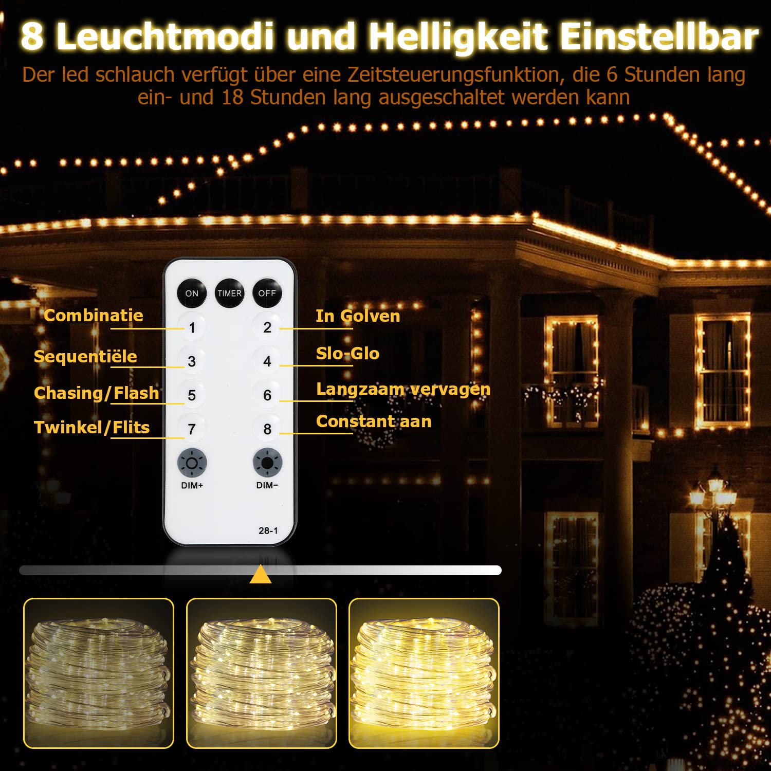 LED Lichterschlauch Außen, 30m 300 Lichtschlauch außen, IP65 Wasserdicht LED Schlauch, mit Timer & 8 Modi Lichtschlauch,für Außen Innen Party Hochzeit Weihnachten Dekolicht,Warm-weiß