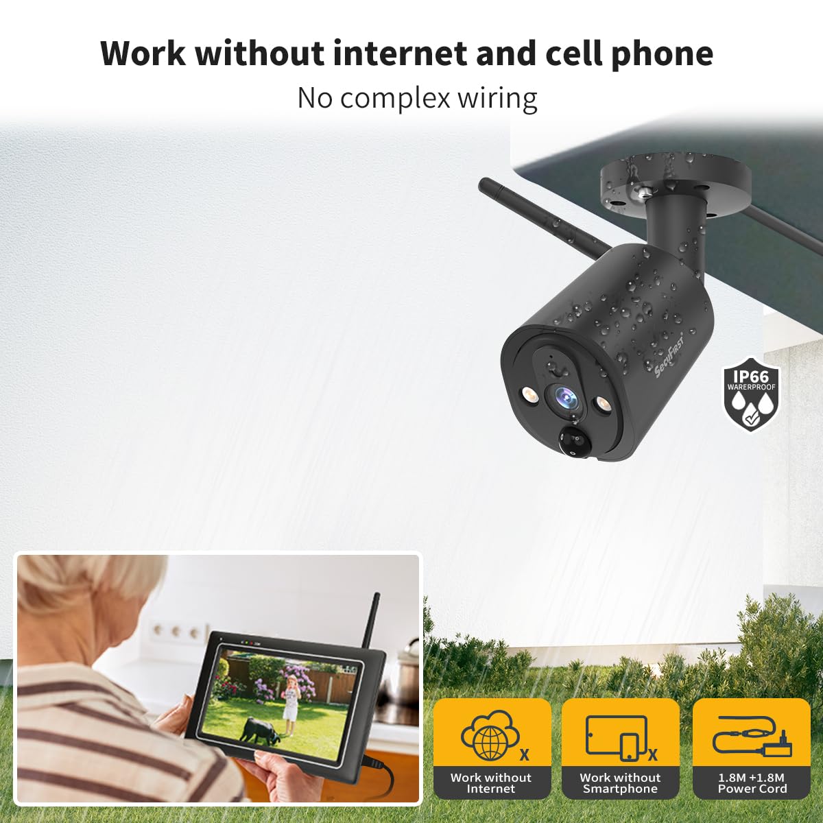 Kit de Cámara de Vigilancia al Aire Libre Inalámbrica con Monitor Interior | SecuFirst DVR Pantalla Táctil de 7 Pulgadas + 2 x Vídeo 2 K Camera Bebe Trabajando sin WiFi,AI Detector Movimiento, Sirena