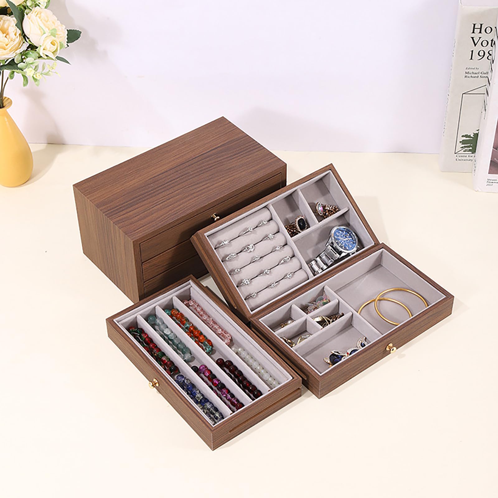 Schmuck-Aufbewahrungs-Organizer, Holz, 3-lagig, großes Etui, Metall-Schmuckkästchen für Ohrringe, Halsketten, Armbänder, Ringe, Uhren, Walnuss