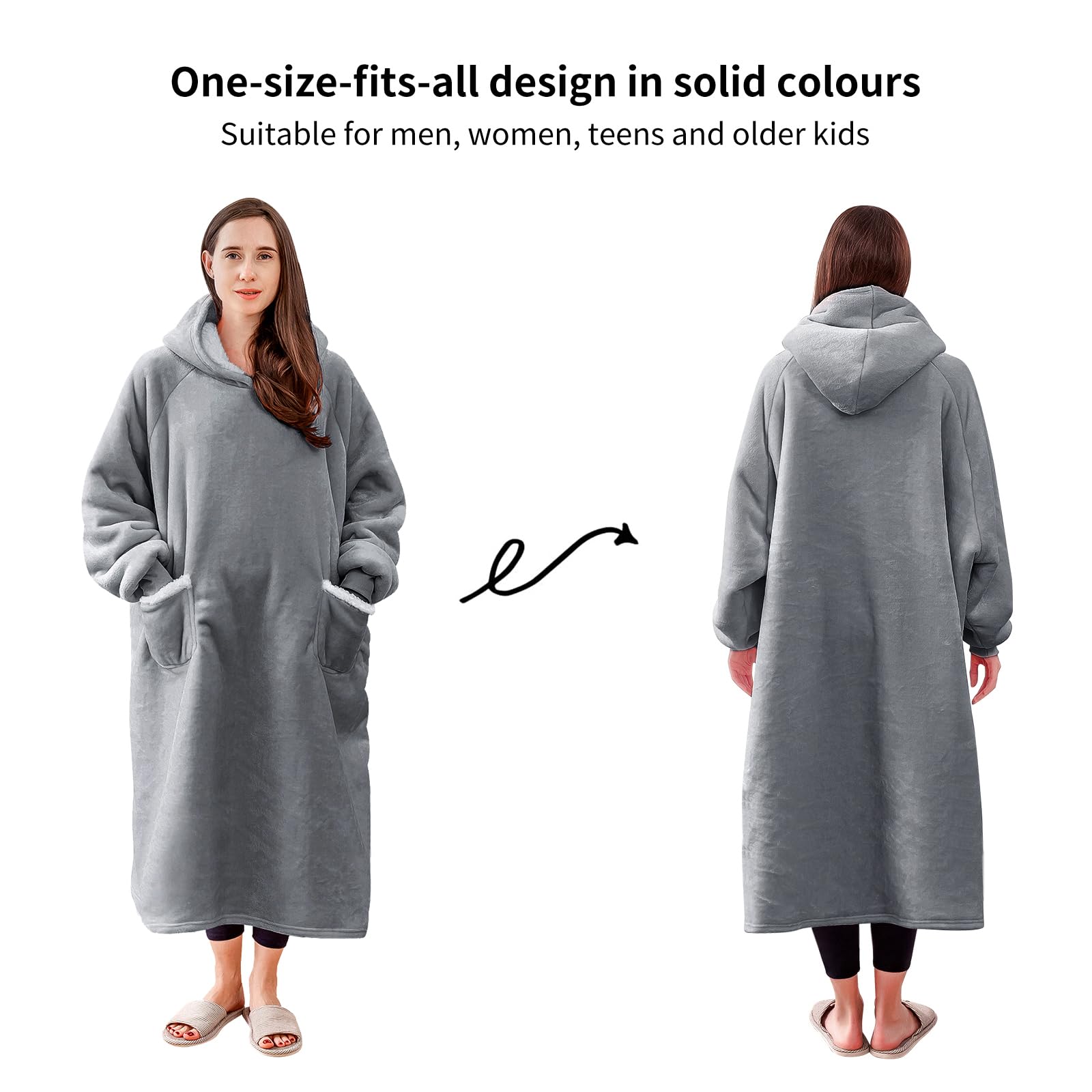 Aisbo Plaid Felpa Coperta con Maniche - Pigiama Coperta Indossabile Donna e Uomo Oversize con Manica e Cappuccio Plaid da Divano con Braccia Pile di Sherpa, Hoodie Blanket (Grigio,130x82cm)