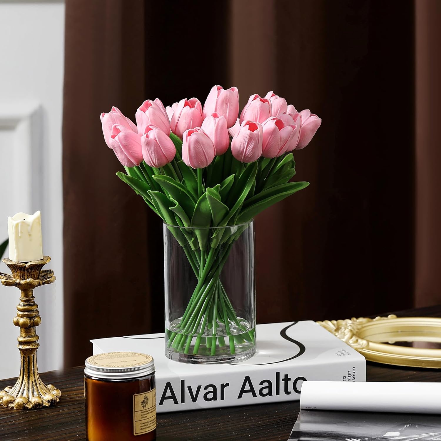 20 PCS Real Touch Tulips Artificial Flowers in Vase, Tulips Faux Arrangements with Vase and Fake Water for Home Decor, Dining Table (Pink) - Image 5