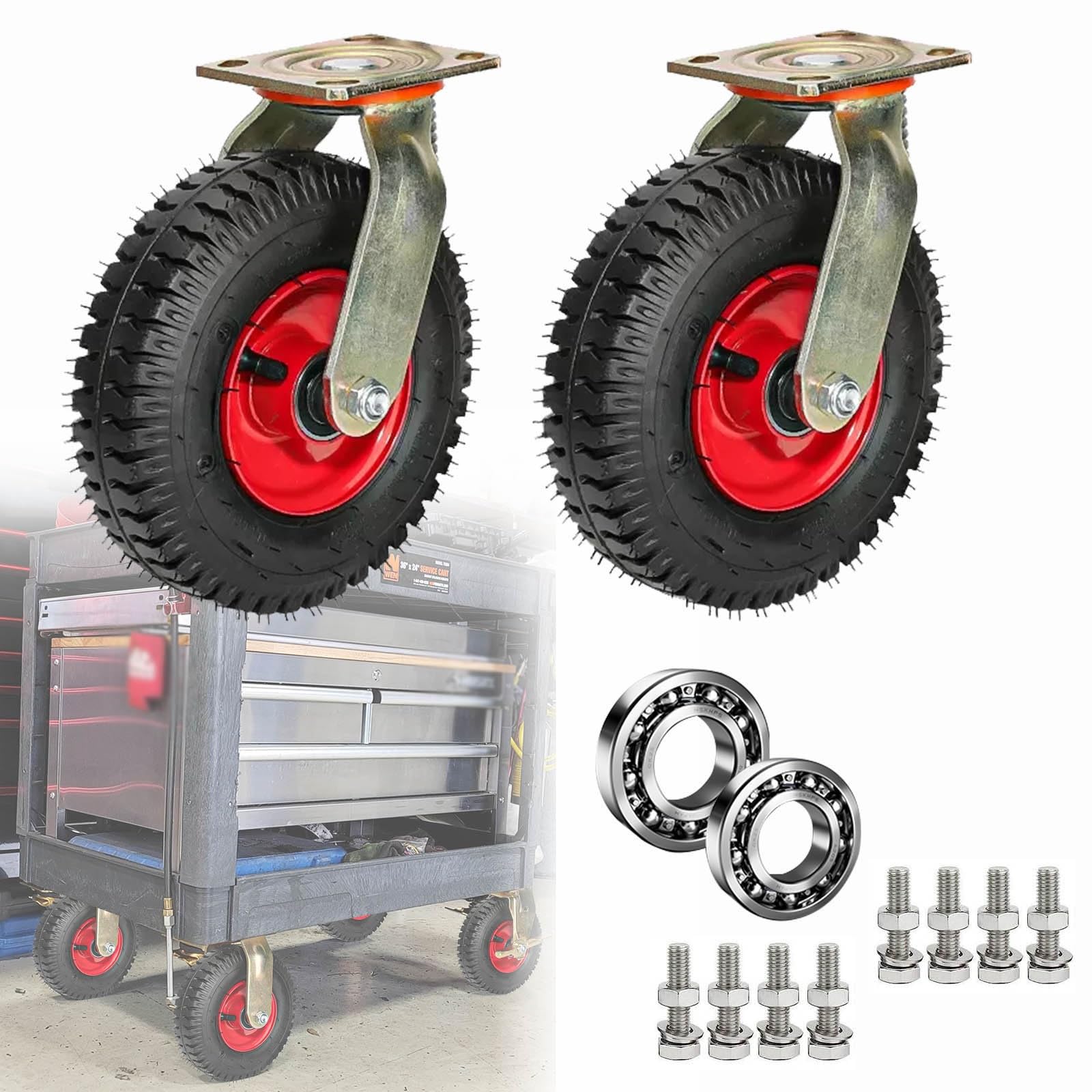 Ruote girevoli da 2 pezzi,Rotelle in gomma di ricambio per carichi pesanti,Rotella girevole pneumatica,Rotelle silenziose,Con cuscinetti a sfera,Rotella da trasporto per carrelli manuali e carriole