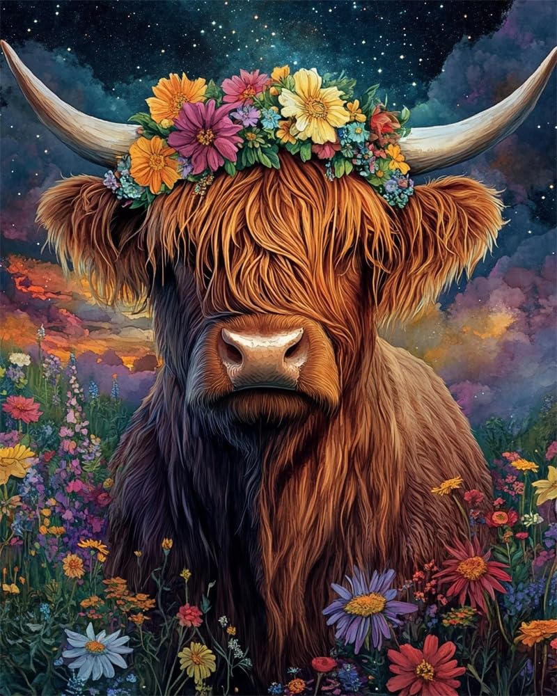 Henypt Crafts Stamped Cross Stitch Kits Preprinted Pattern Counted Embroidery Highland Cattle Wearing A Floral-Wreath Hat Starter Kits for Beginner and Adults Stamped 11Ct Adult Craft Kits