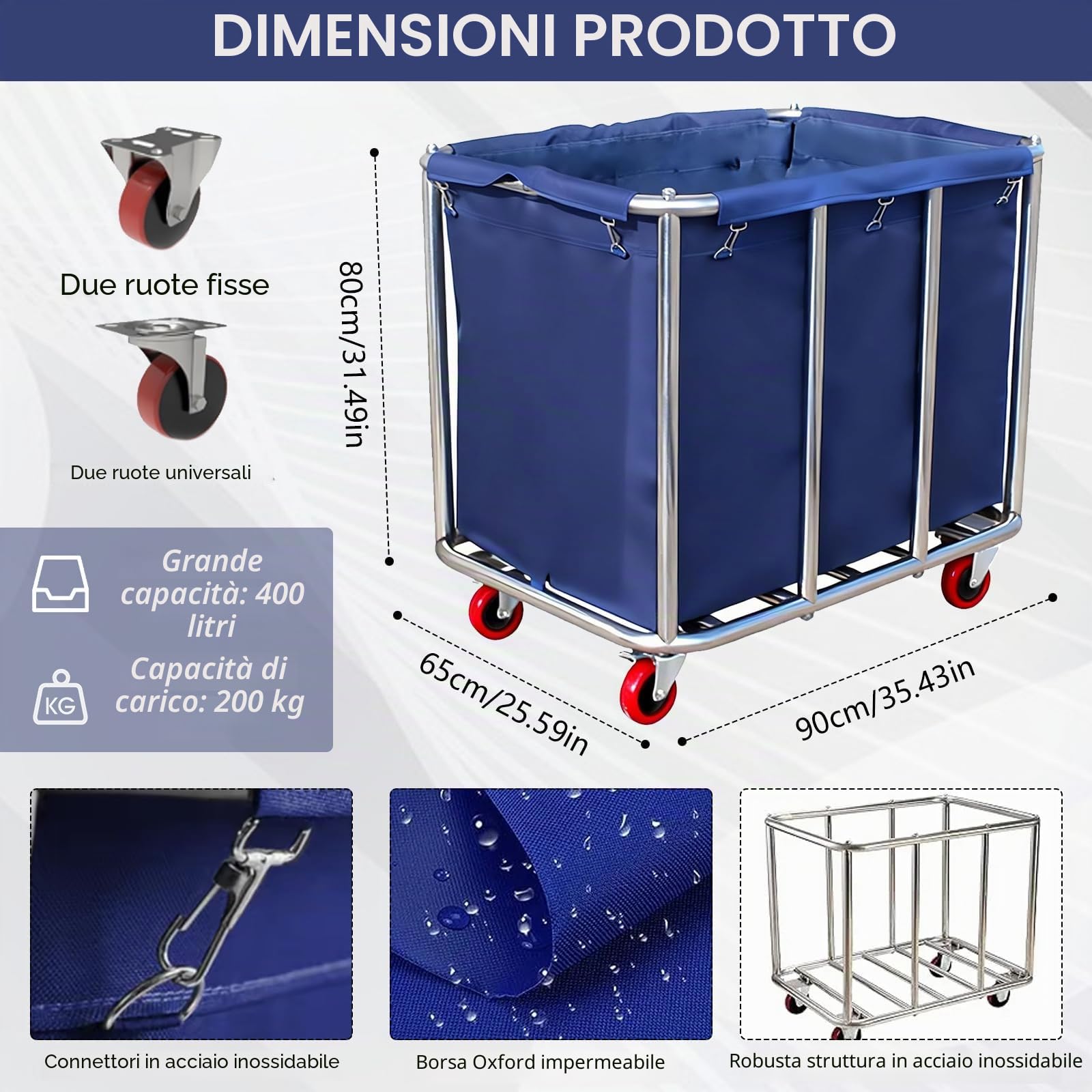 Carrello Per Biancheria, Cesto Portabiancheria In Acciaio Inox Con Ruote Commerciale Impermeabile Antiruggine Rimovibile Grandi Cesti Portabiancheria Commerciali Per Casa Hotel Lavanderia 90X65X81Cm