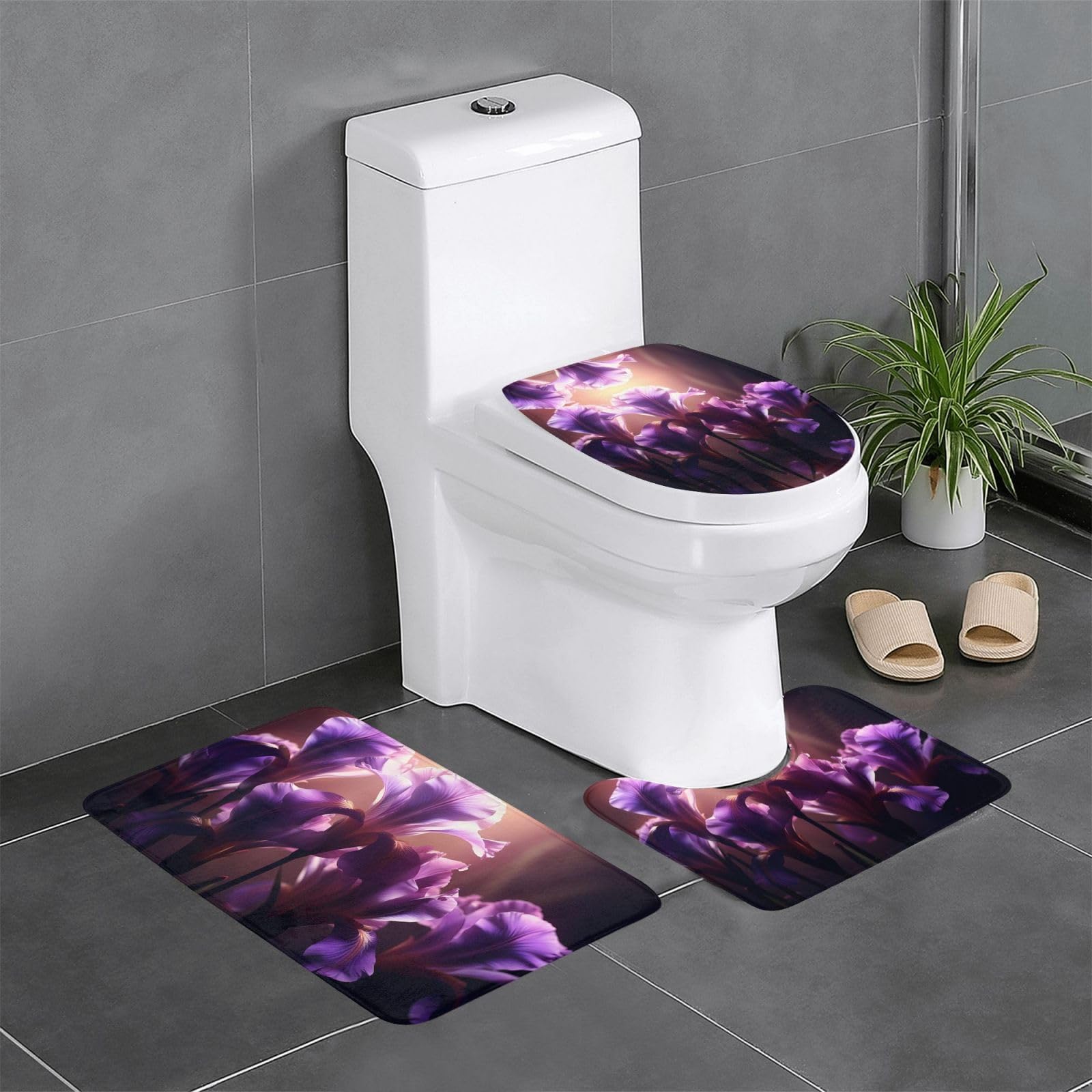 Tapis de salle de bain antidérapants WHJSHOP violet iris lot de 3 pour toilettes