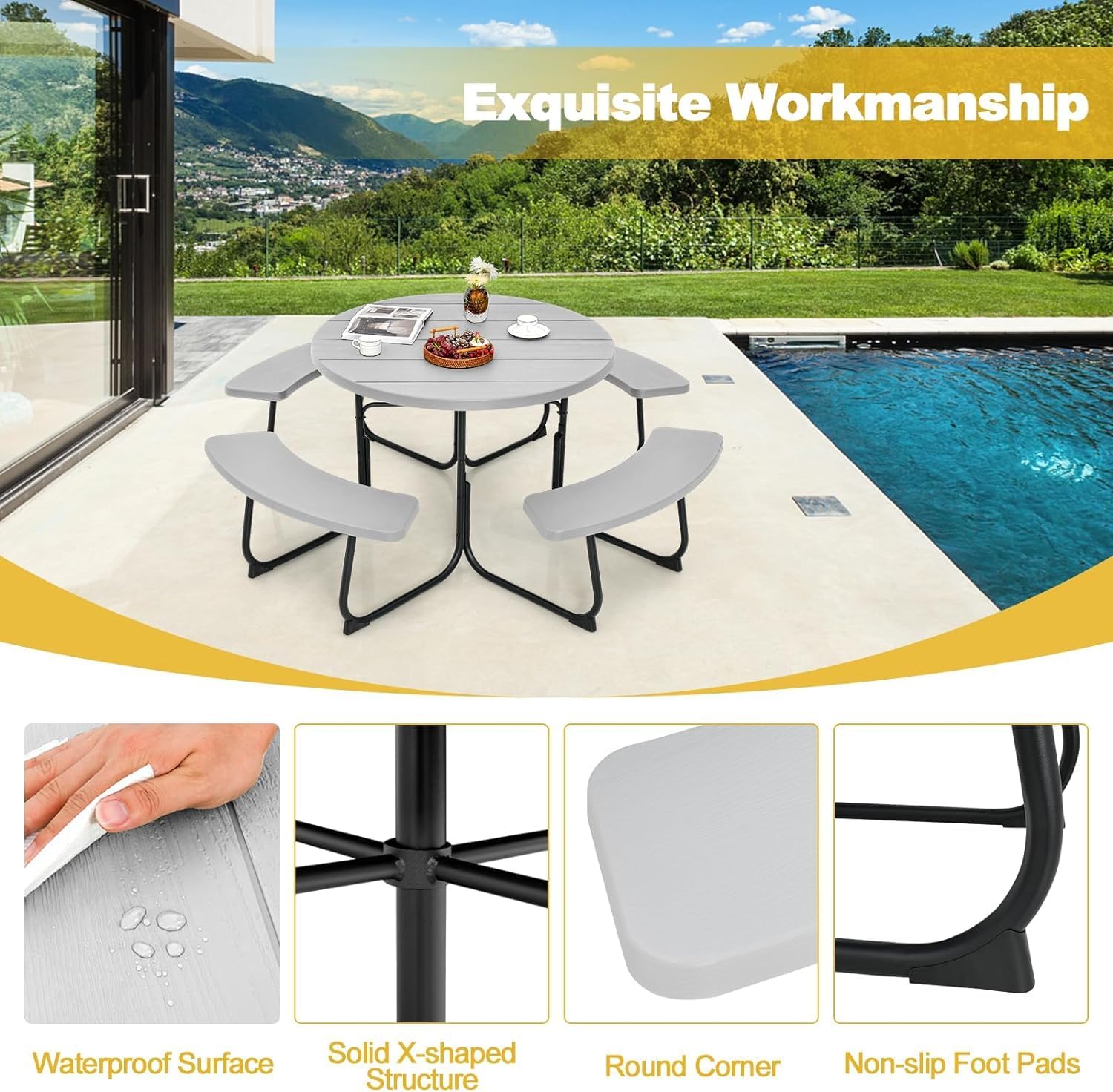 Round Picnic Table for Outdoors, 8 Person Outdoor Picnic Tables & Benches Set with Umbrella Hole, HDPE Tabletop & Metal Frame, 2000 LBS Capacity Table Bench Set for BBQ, Garden, Lawn, Patio