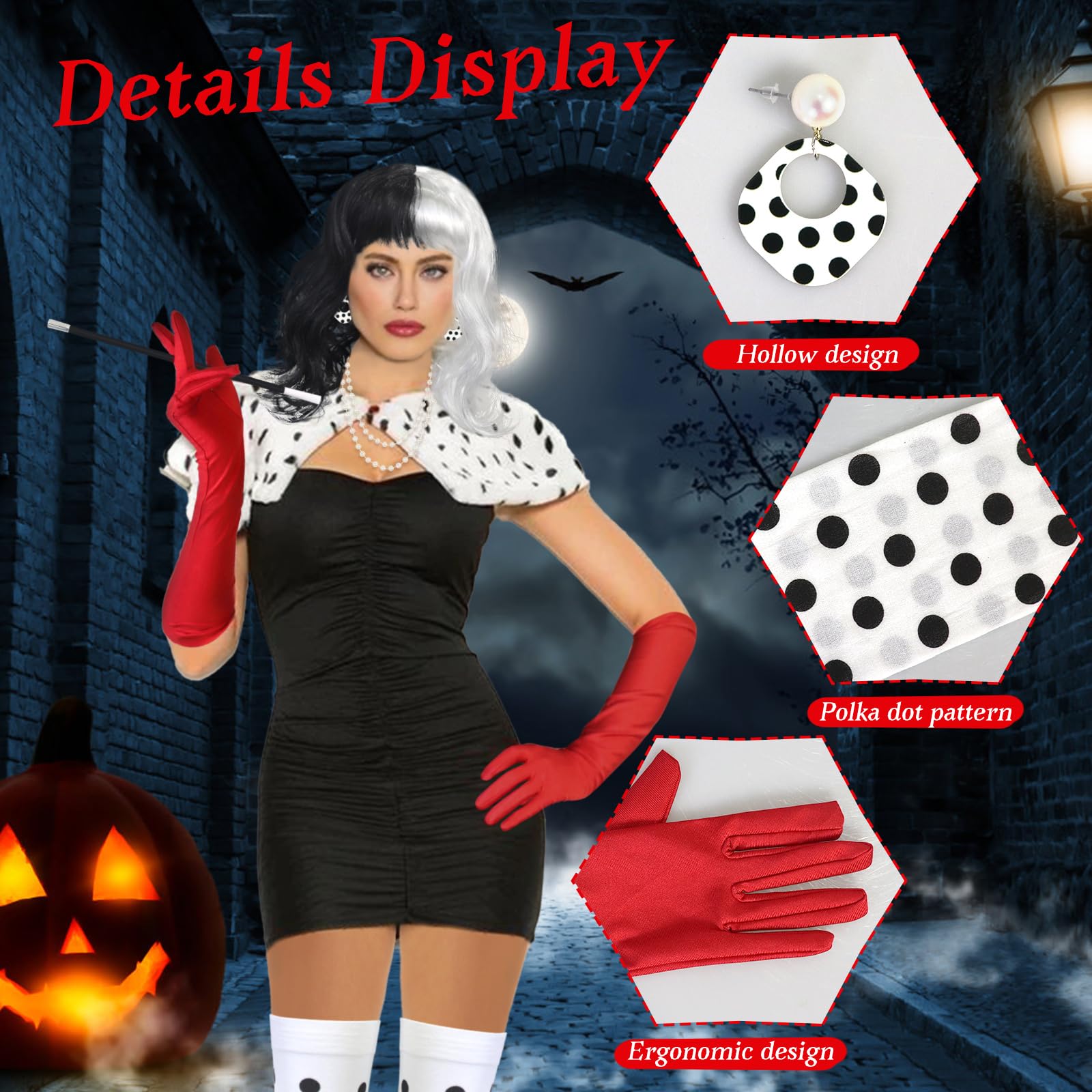 9pcs Deville Costume Accessories Set, Deville Cosplay Wig with Earrings Pearl Necklace Knee High Socks Long Gloves Handheld Props, 70s Women Fancy Dress for Halloween World Book Day Cosplay Party - Image 4