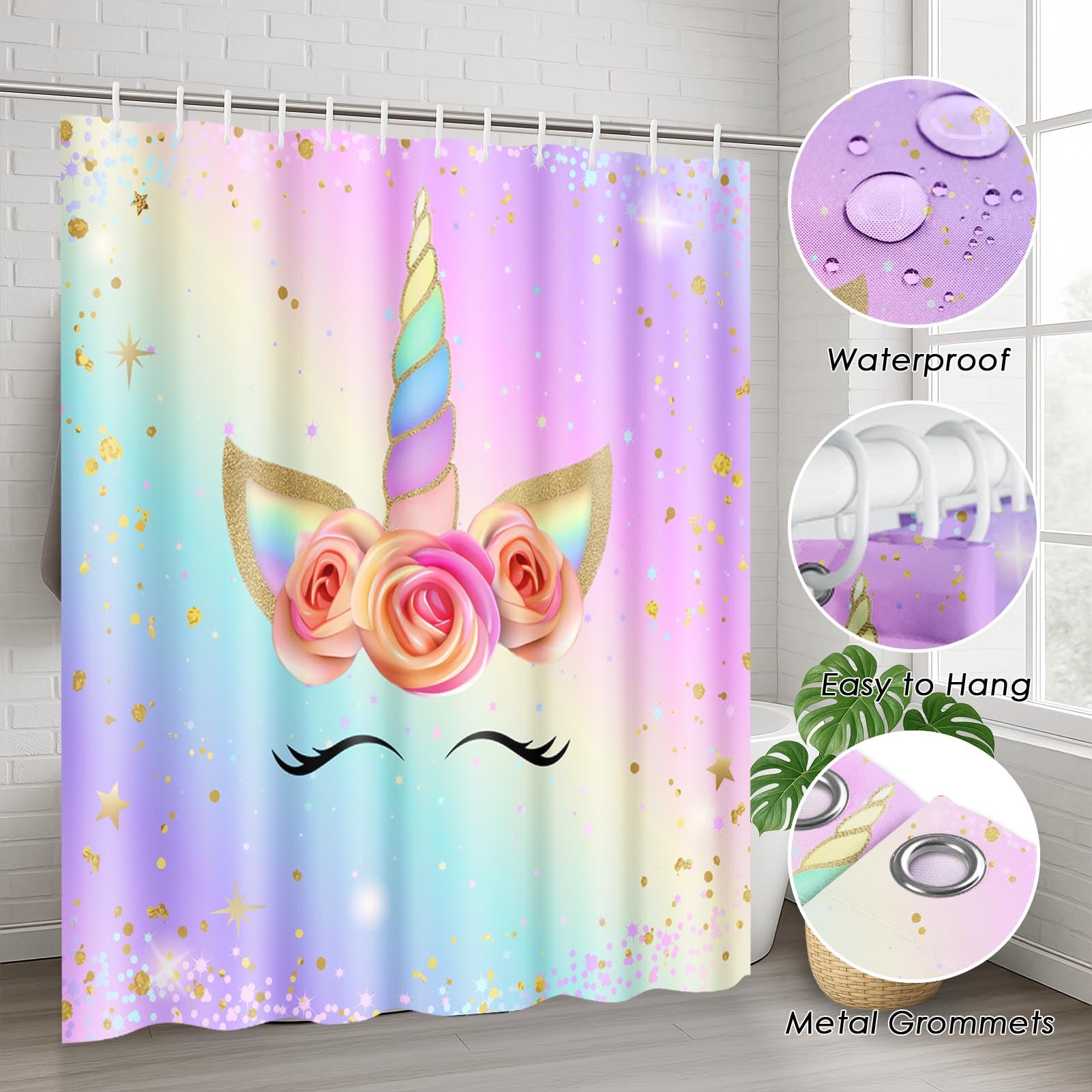 DYNH Colorful Kids Shower Curtain, Rainbow Watercolor Polka Dot Fabric Shower Curtains Set For Kid Girly Girls Bathroom Decorative, Multi Color Restroom Decor Accessories With Hooks 72X72 Inch
