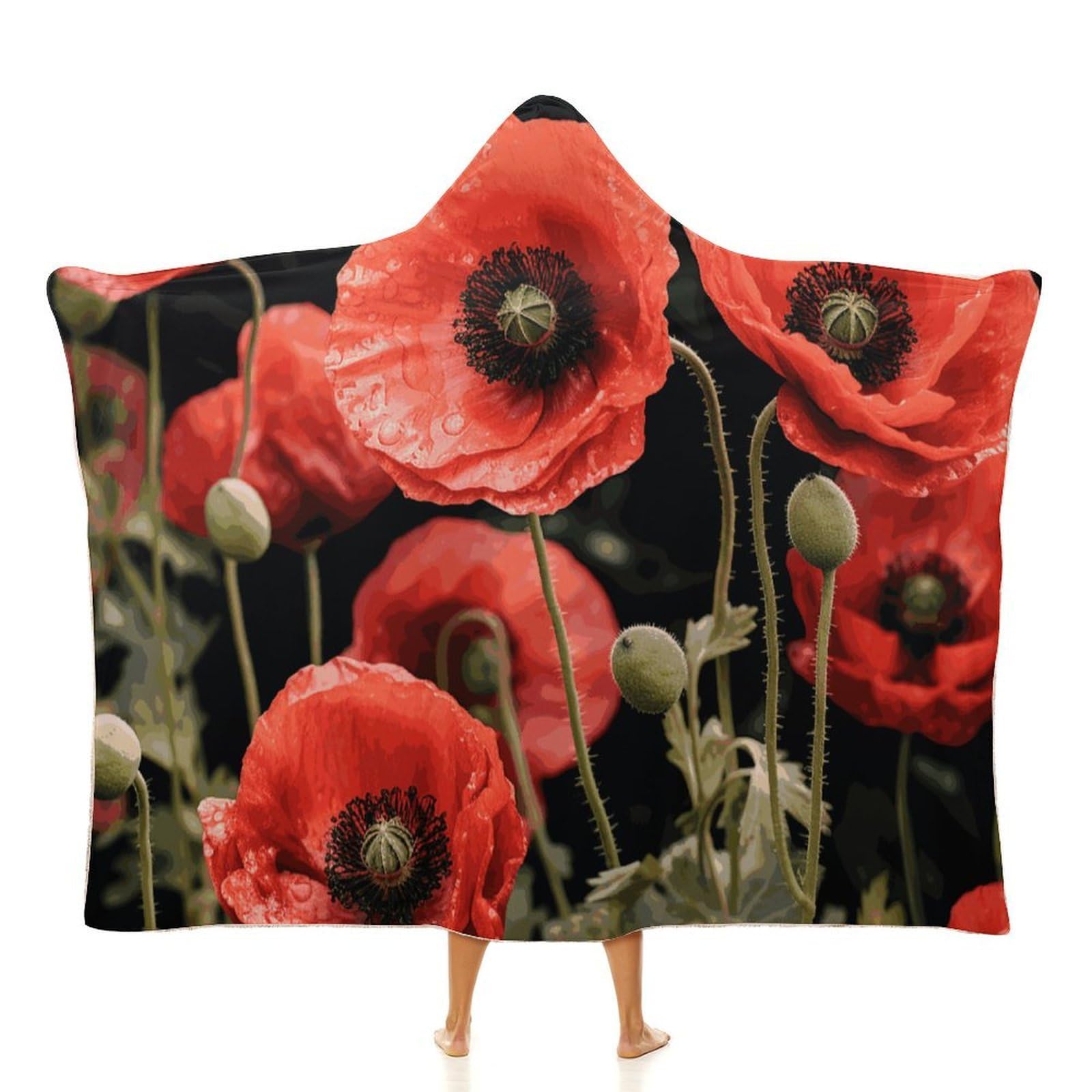 Tkjmcsw Unisex White Red Poppy Flowers Leaves Wearable Blanket Hoodie For Women Men Oversized Soft Fleece Blanket Sweatshirt Warm Cozy Poncho-50 X60