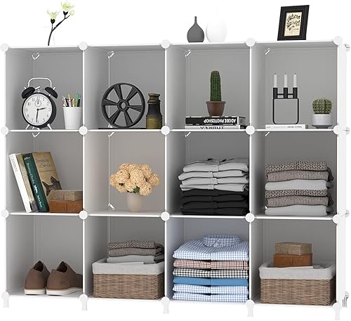 Miniatura 8 de AWTATOS Organizador de almacenamiento de cubos, estantería de 12 cubos, estantería de bricolaje de plástico para armario, estantes de almacenamiento