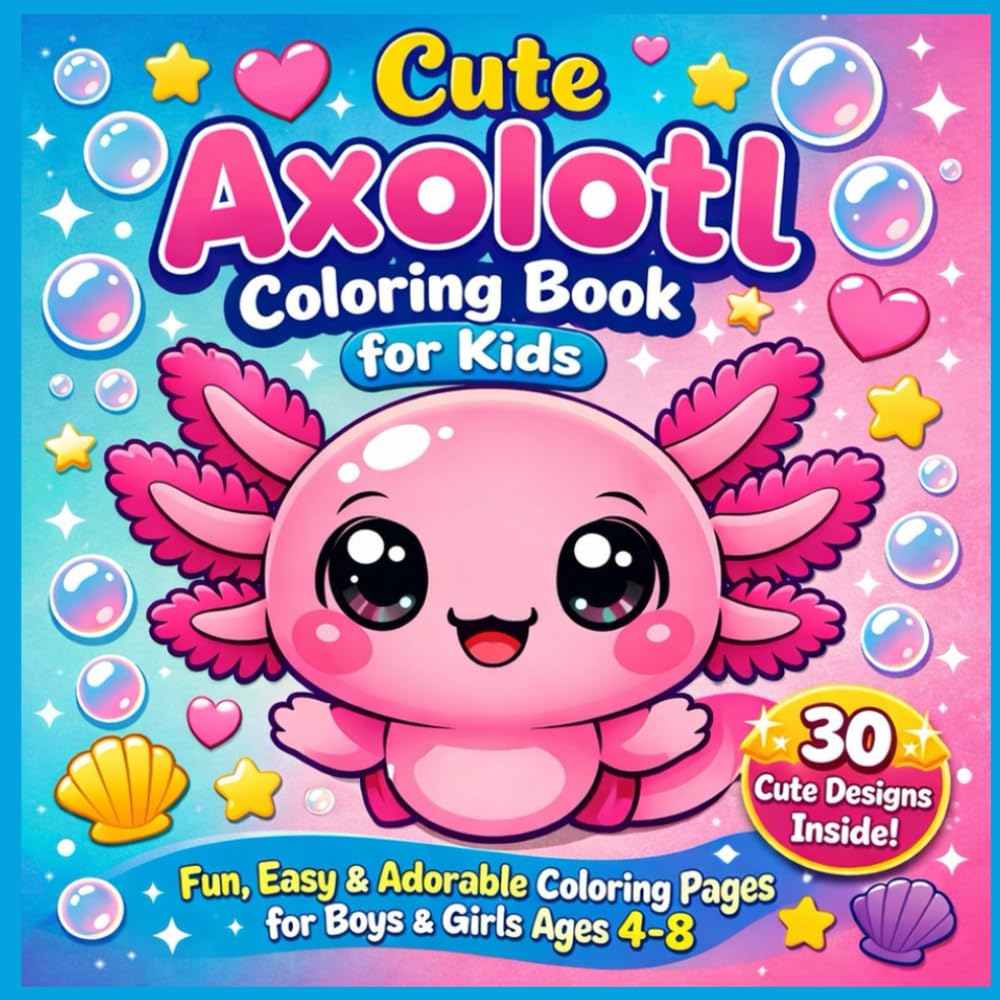 Cute Axolotl Coloring Book for Kids: Fun and Easy Adorable Axolotl Pages for Boys & Girls Ages 4–8, Big Bold Lines, Simple Designs, and Kawaii Axolotl Fun for Toddlers & Kids