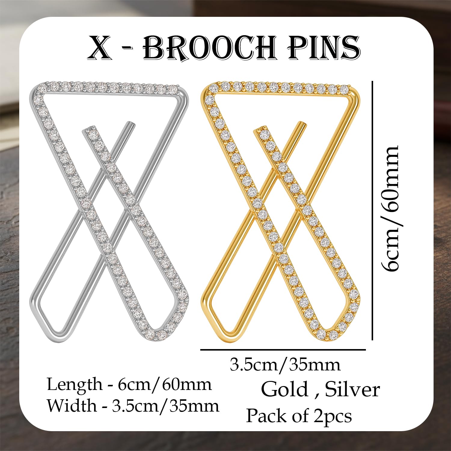 VAMA FASHIONS Gold & Silver Plated X Shape Saree Safety Pin Brooch Combo Anti-Tarnish Designer Brooch Set Sparkling Rhinestonefor Sari Pleats Dupatta Hijab Chunni Pallu Dresses Women & Girls 1