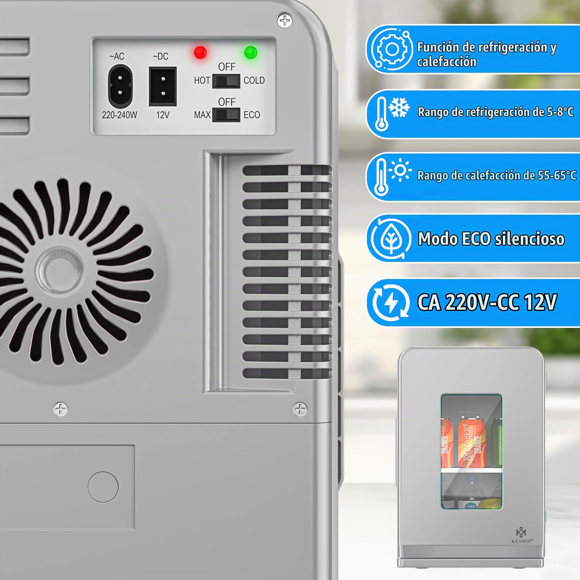 KESSER® Mini Nevera 2 en 1 de 15 l, función de refrigeración y calefacción, Toma de Corriente AC portátil de 220-240V/12V y Encendedor, Caja para Mantener la Temperatura, minicaja térmica