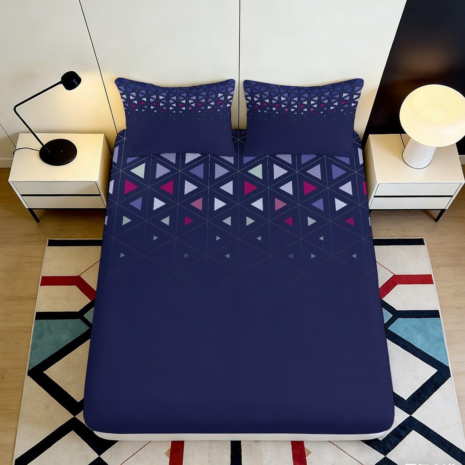 3D Printed Geometric Triangle Fitted Sheet Microfiber Soft Breathable Patterned Bed Cover for Bedroom Dormitory Guest Room Mattress Protection 200x200x25cm