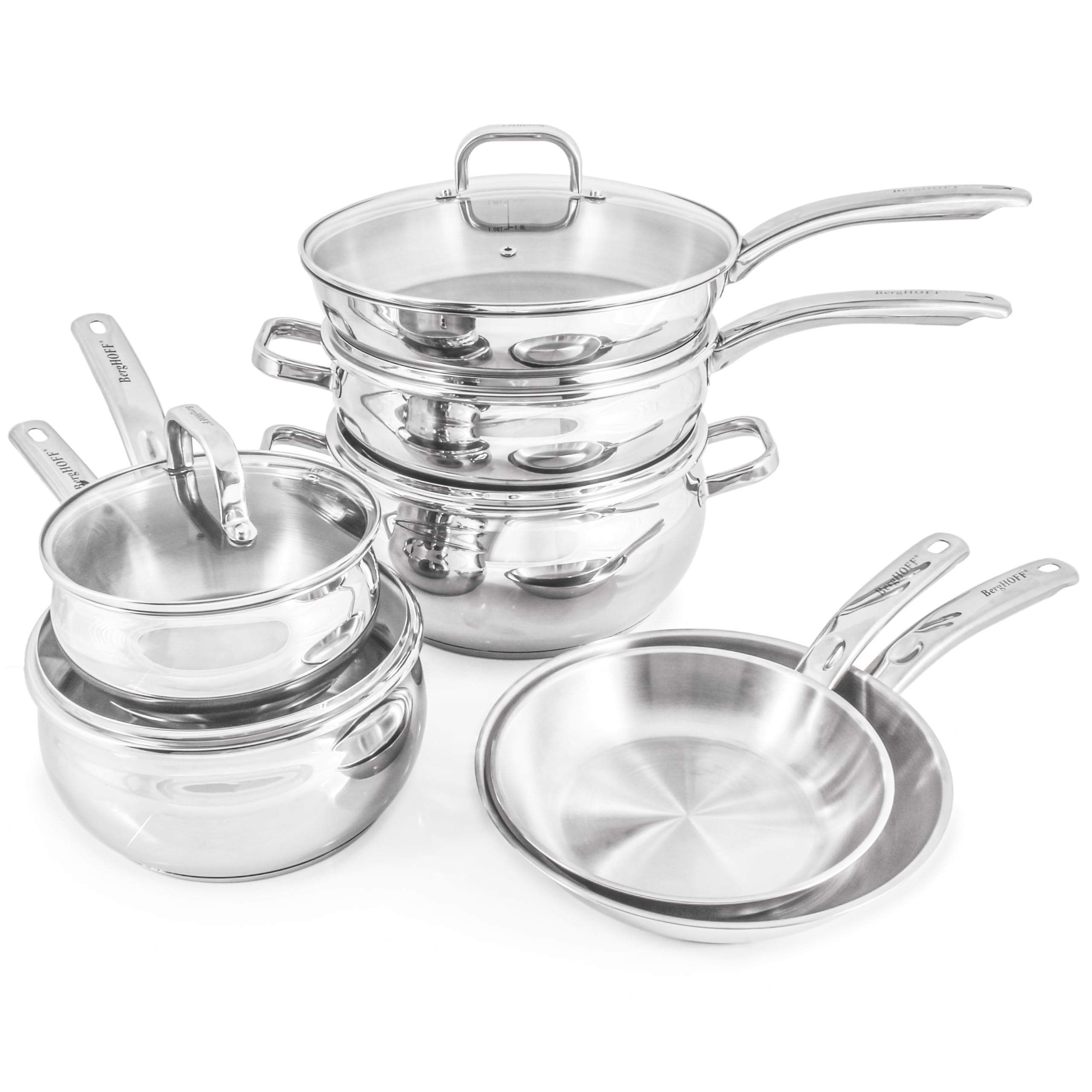 BergHOFF Batterie de cuisine 12 pièces en acier inoxydable 18/10 avec couvercles en verre, chaleur rapide, uniforme et prête pour plaque à induction