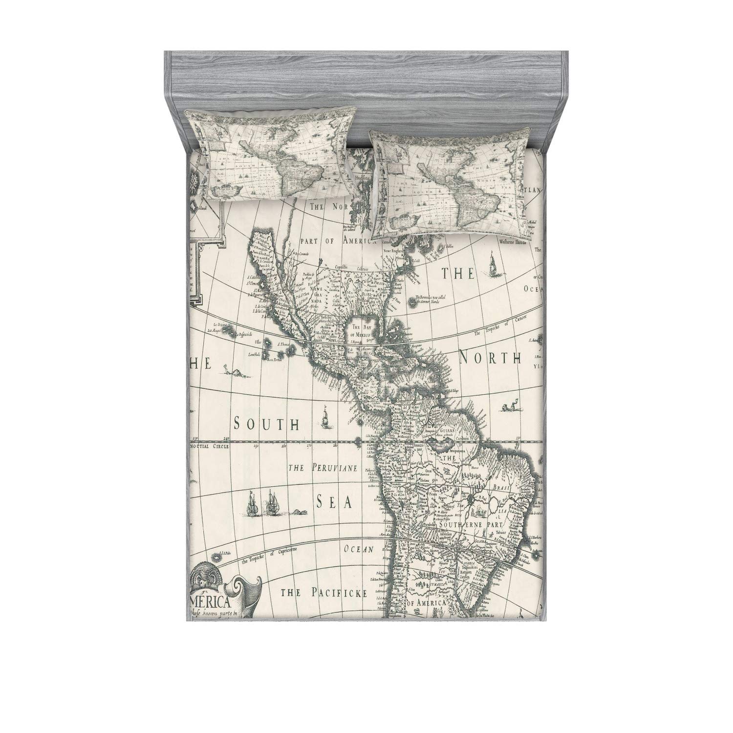 Ambesonne World Map Fitted Sheet & Pillow Sham Set, Antique Map America in 1600s World in Medieval Time Era in Retro Style, Decorative Printed 3 Piece Bedding Decor Set, Calking, Cream Grey