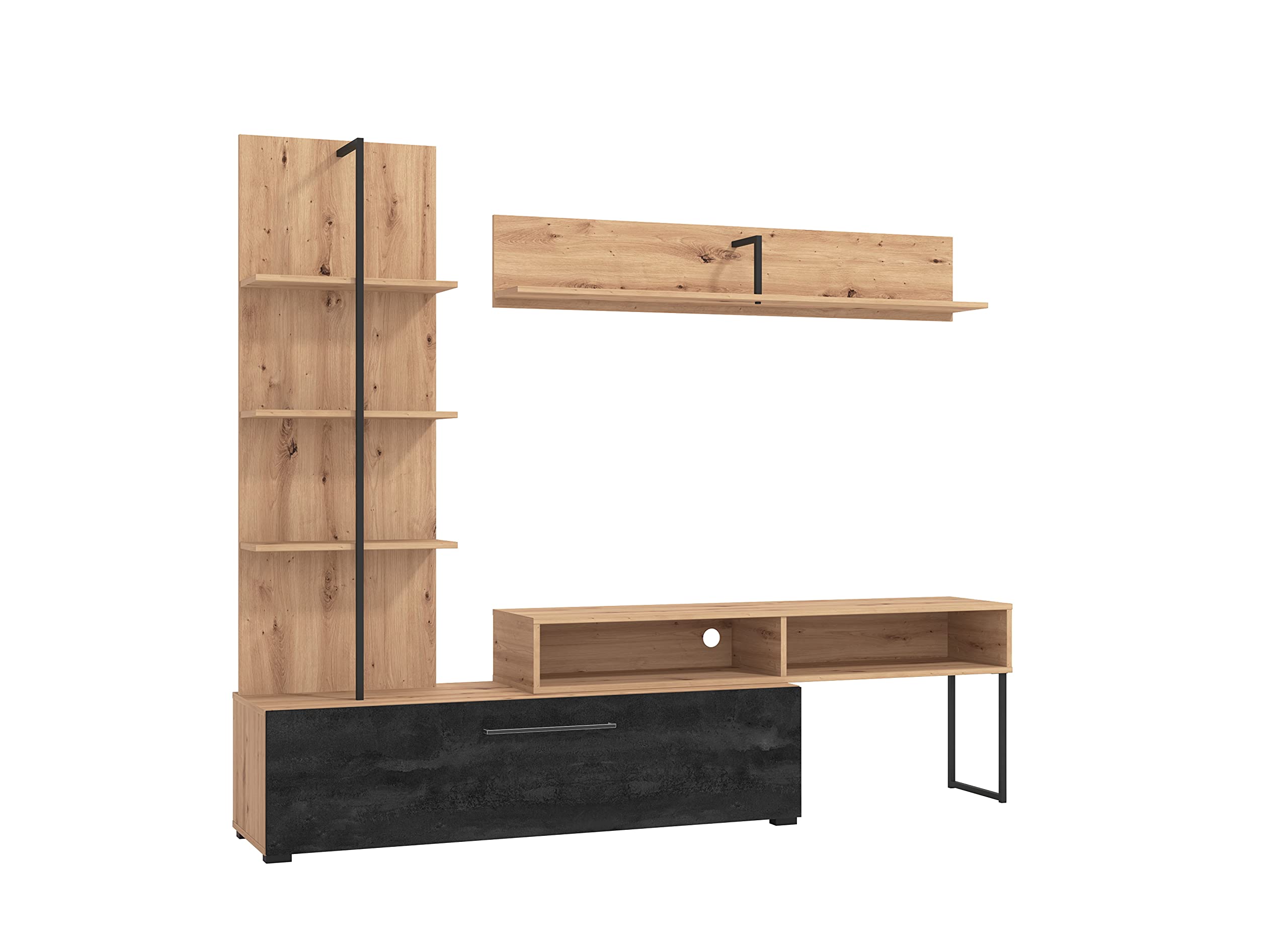AVANTI TRENDSTORE Evo - Moderna parete da soggiorno in legno laminato in stile quercia Artisan/nero, perfetta per ogni salotto. Dimensioni: LAP 205,5x173x41,5 cm