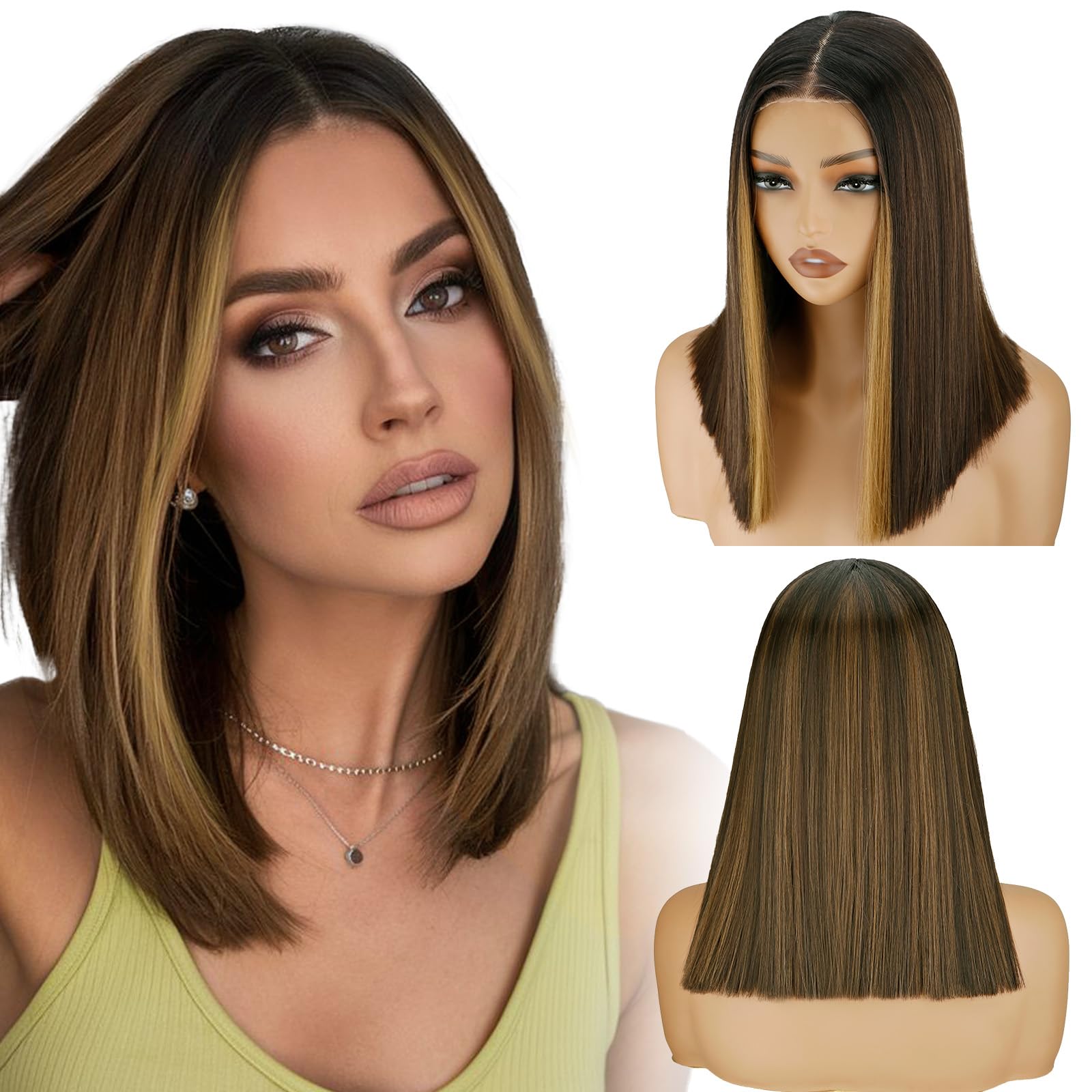Photo 1 of NOSTALGIA Glueless Wig for Women Brown Highlights Short Straight Lace Wig