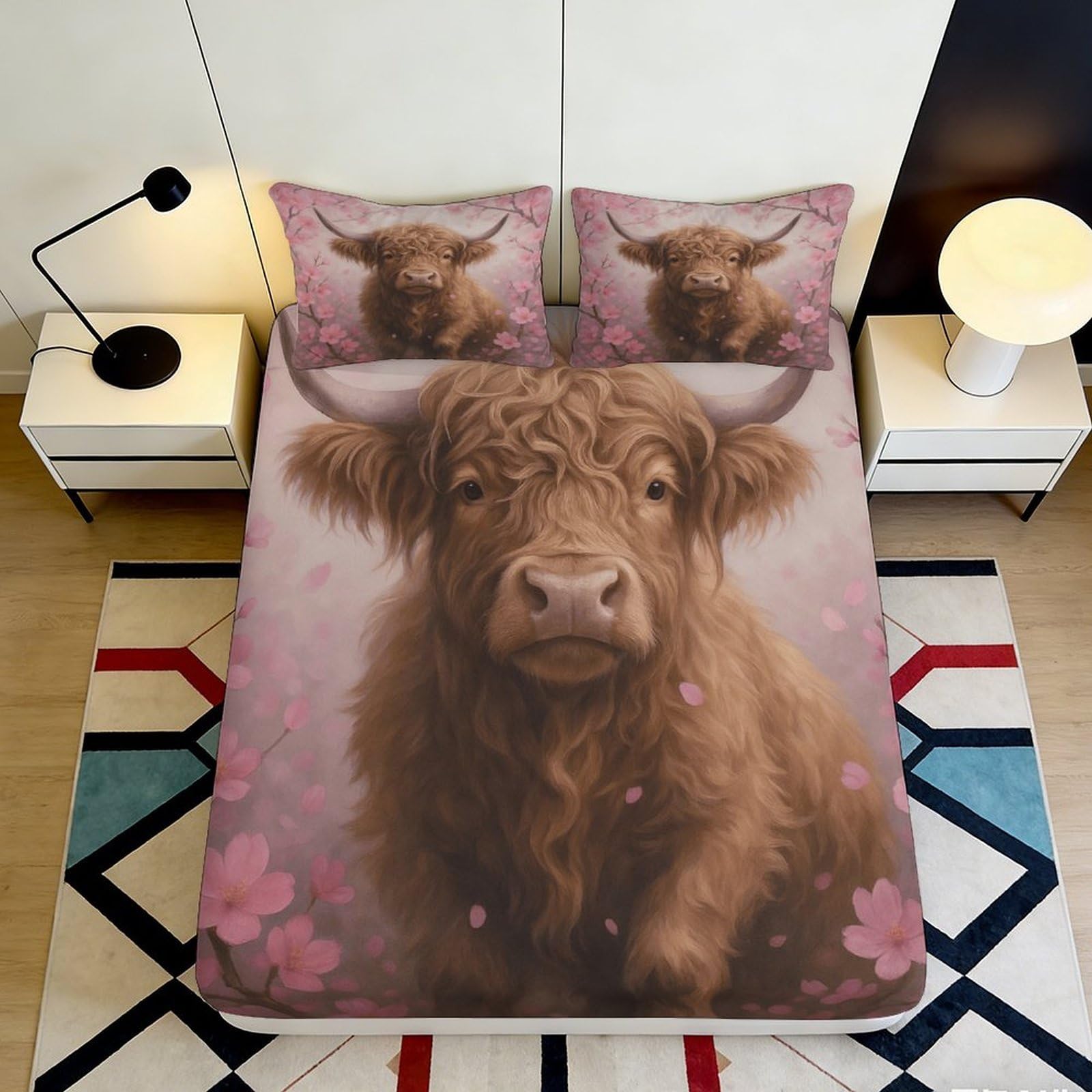 Decorative Highland Cow Fitted Sheet 3D Printed Soft Touch Microfiber Bed Cover for Bedroom, Guest Room, Apartment Bedding, Wrinkle Resistant, Easy Care, 118 chars 90x200x25cm