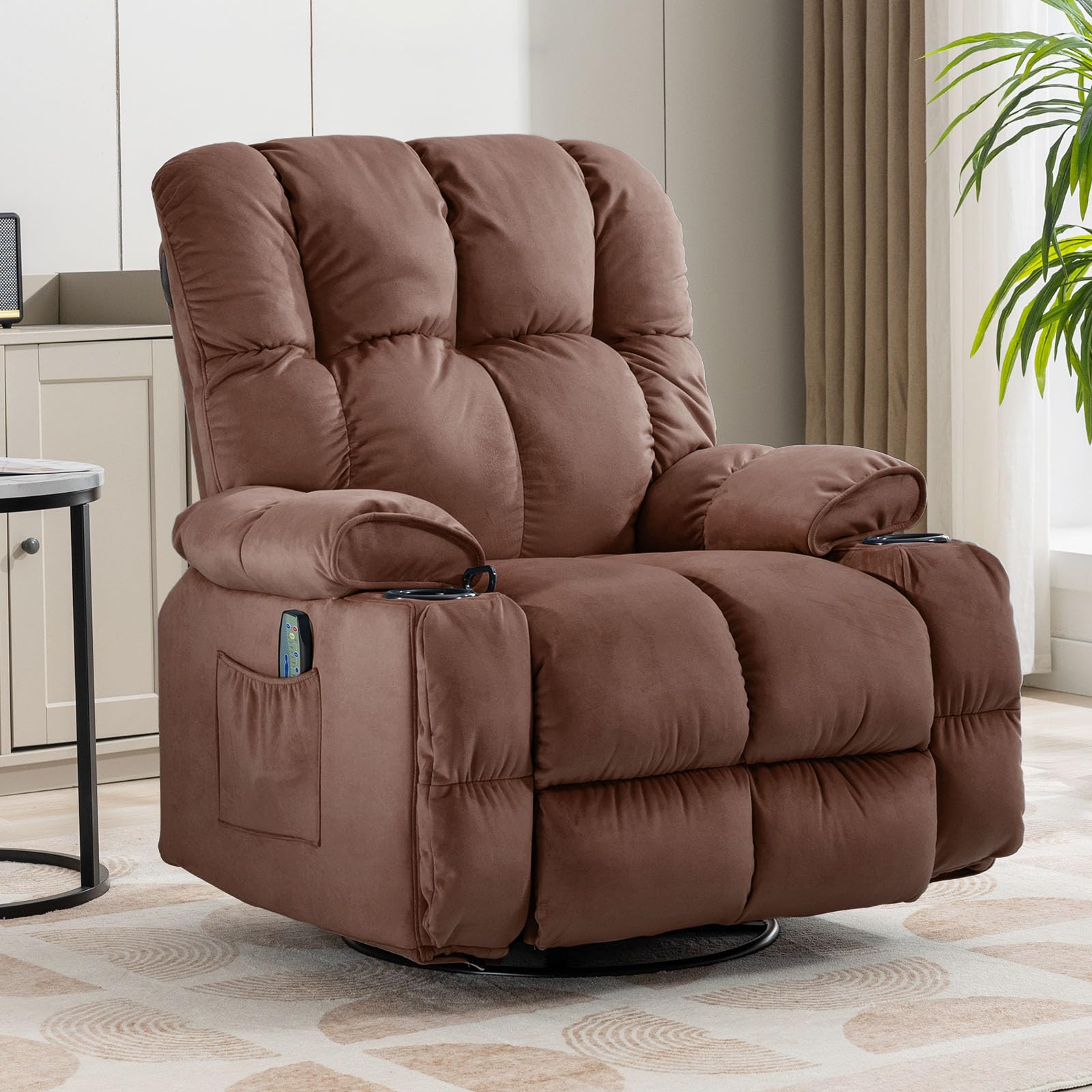 COMHOMA Swivel Glider Recliner Chair with Bluetooth Music Player, Rocking Recliners with Massage and Heat, Big Manual Recliner with Extended Footrest for Living Room (Red Brown) (Incomplete)