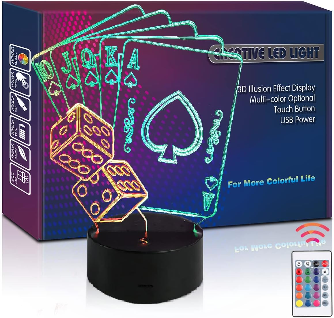 HIPIYA Poker Dice LED 3D Illusion USB Playing Card Lamp Mixed Color Night Light Festival Present Birthday Gift for Boy Boyfriend Men Fan Player Kid Bedroom Decoration Gambling Club Room Decor (Poker)