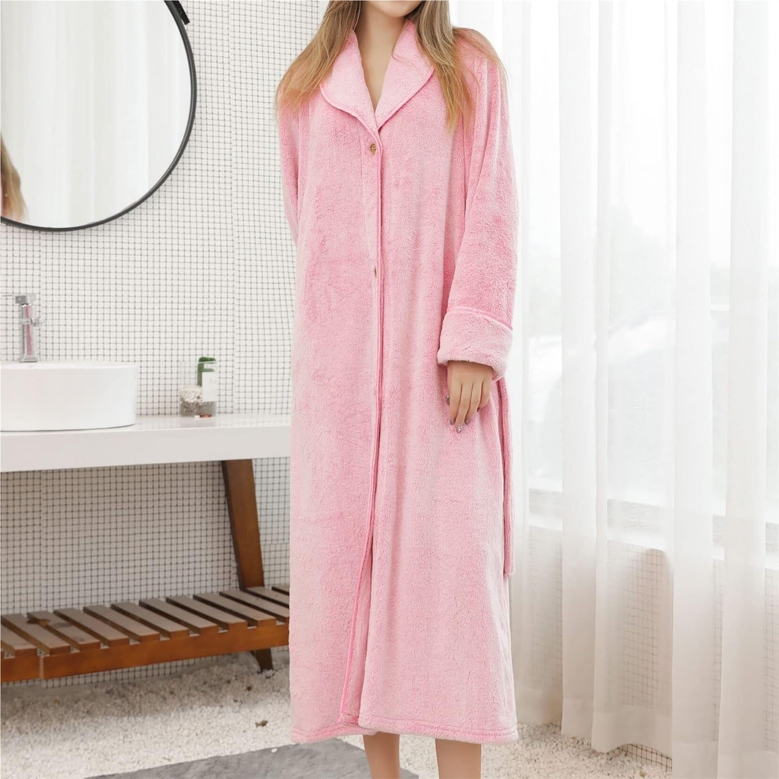 Albornoz Para Viajes Piscina Bata Larga De Felpa, Baño Lana Peluda Unisex Esponjosa, Suave Con Botones Ropa De Dormir