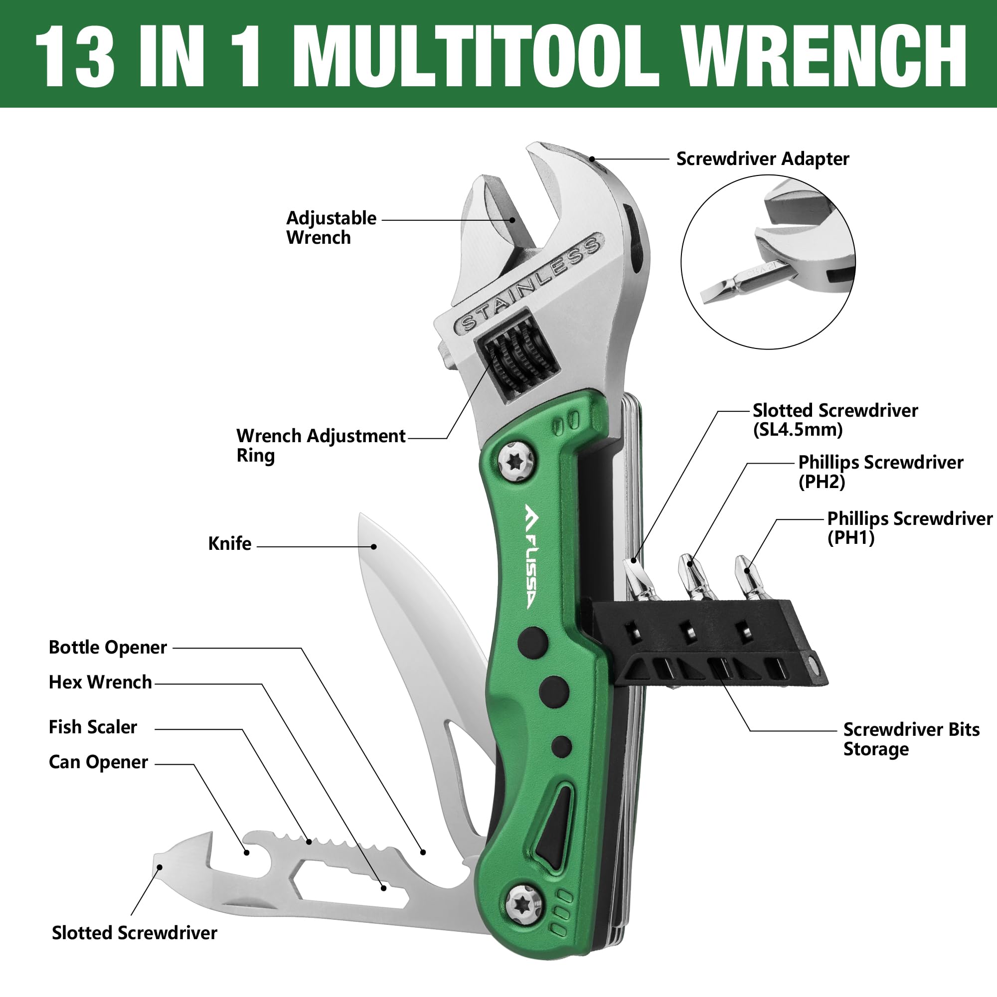 FLISSA Multitool 13 in 1 Chiave Multiutensile Regolabile con Borsa per Riparazioni Auto e Domestiche Verde