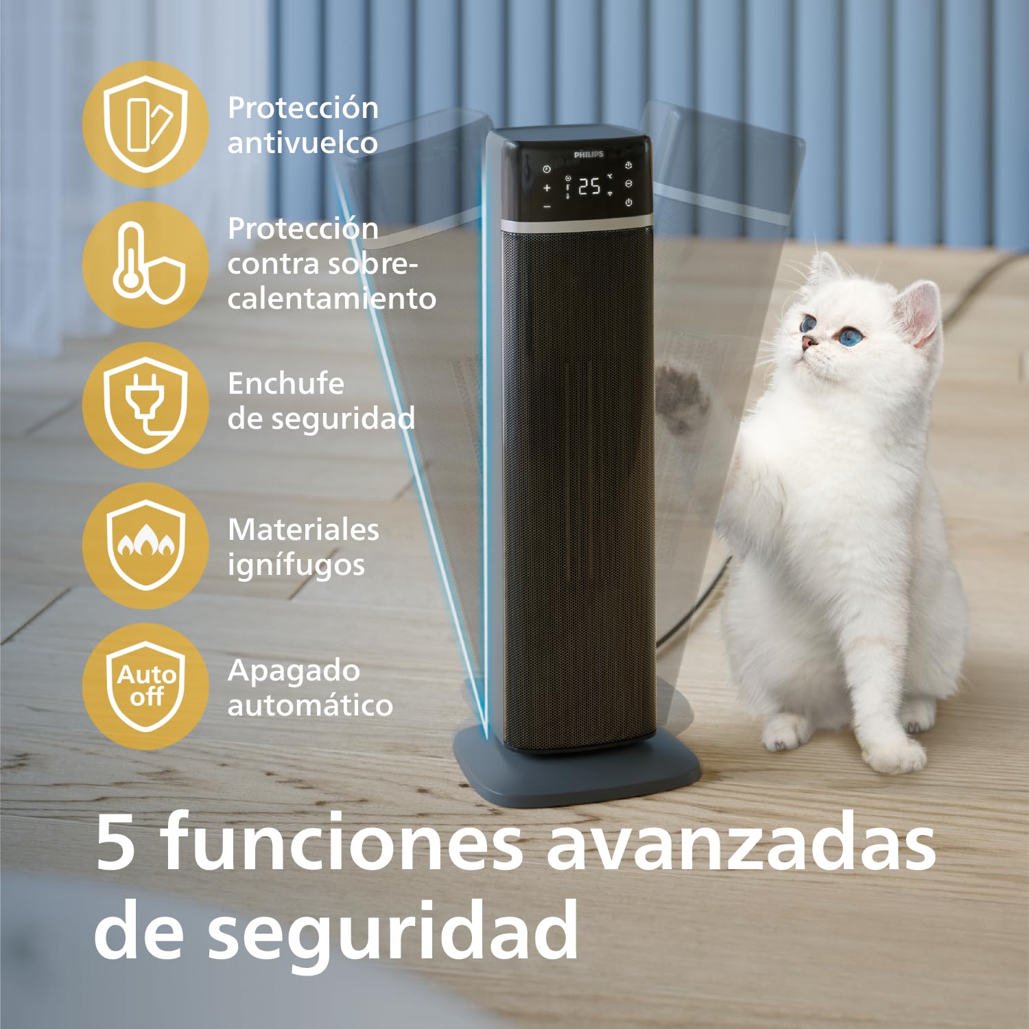 Philips Calefactor de torre Serie 5000 conectado, 2000W, hasta 50 % de ahorro energético, 4 modos, pantalla de temperatura, 5 funciones de seguridad, oscilación 60°, silencioso, negro/gris (CX5120/11)