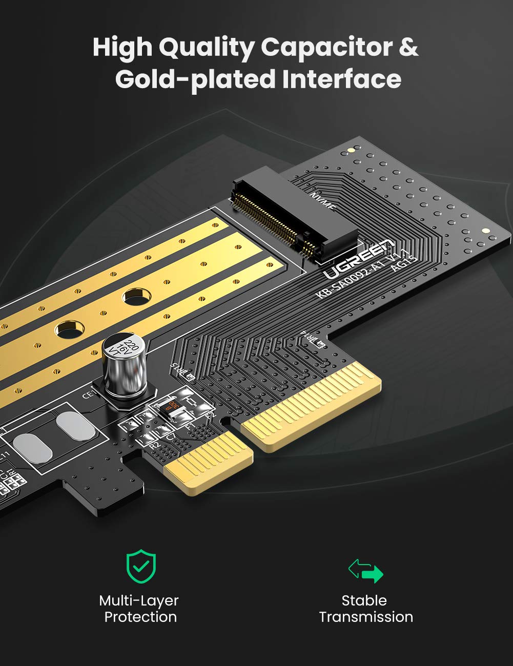 UGREEN Adattatore PCI Express M.2 da SSD NVMe a PCIe 3.0 Adattatore da Scheda PCIe a NVMe SSD Supporta M2 SSD con Chiave M nella Misura 2230/2242/2260/2280