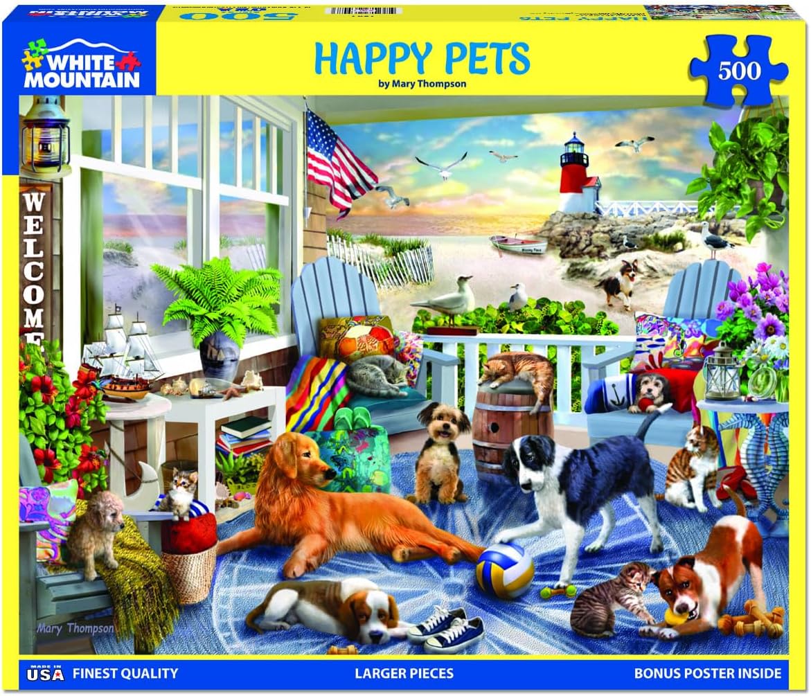 White Mountain 500 Piece Jigsaw Puzzle Spring Beach Dog Puzzles with Large Pieces Gift for Adults 18"x24" - Happy Pets