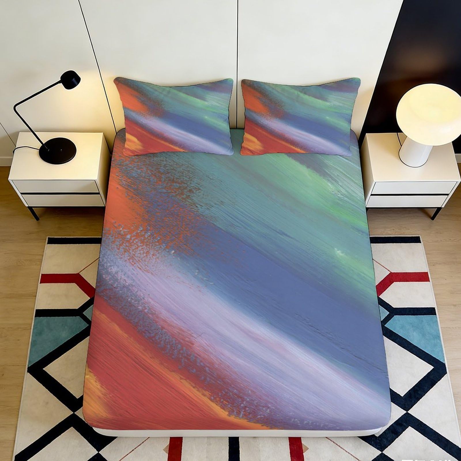 3D Printed Abstract Brushstroke Fitted Sheet Microfiber Soft Multicolor Artistic Mattress Cover for Bedroom Dorm Decor 90x200x25cm