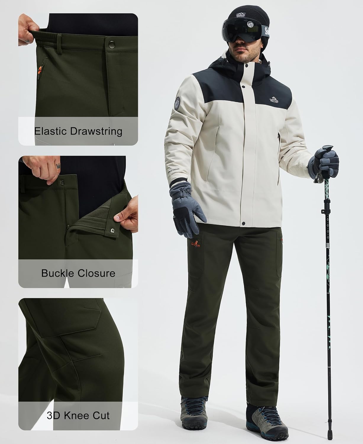Libin Men's Fleece Lined Hiking Pants Snow Ski Water Resistant Thermal Zipper Pockets Insulated Softshell Cold Weather