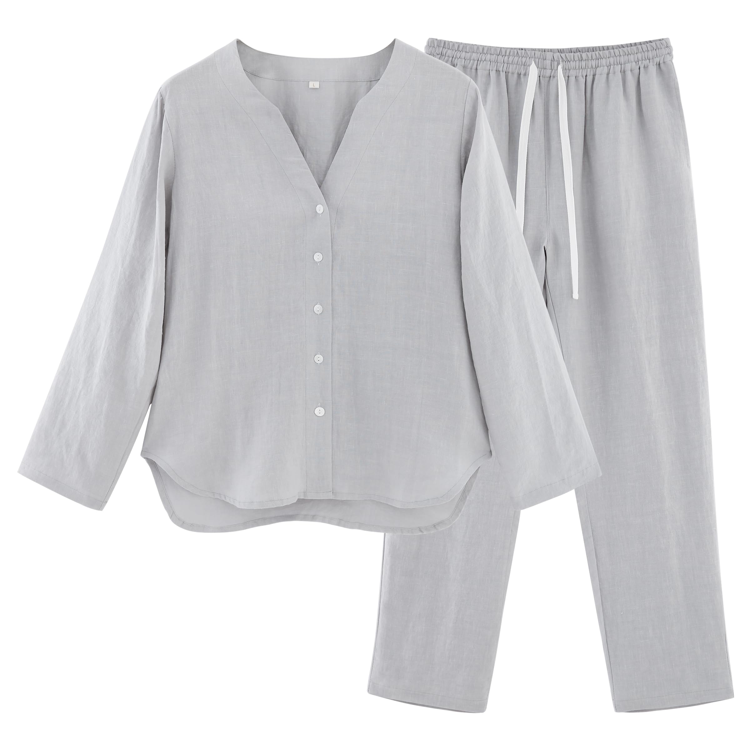 RAKUYUME Schlafanzug Damen 100% Leinen Pyjama mit Knöpfen Nachtwäsche Taschen und Kordelzug Nightwear Set V-Ausschnitt Shirt Sleepshirt für Frauen