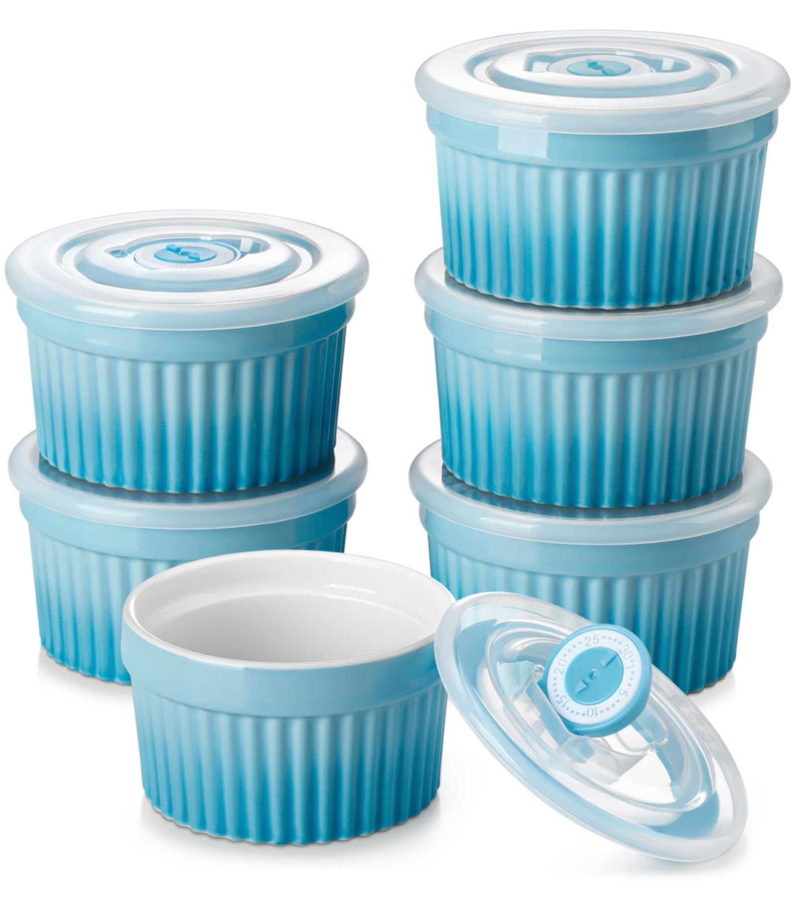 vancasso 6 oz Ramekins with Lids, Souffle Dishes Set of 6, 9.5cm Porcelain Creme Brulee Ramekins, Baking Cups for Pudding, Fruits, Dips, Dishwasher and Oven Safe, Blue