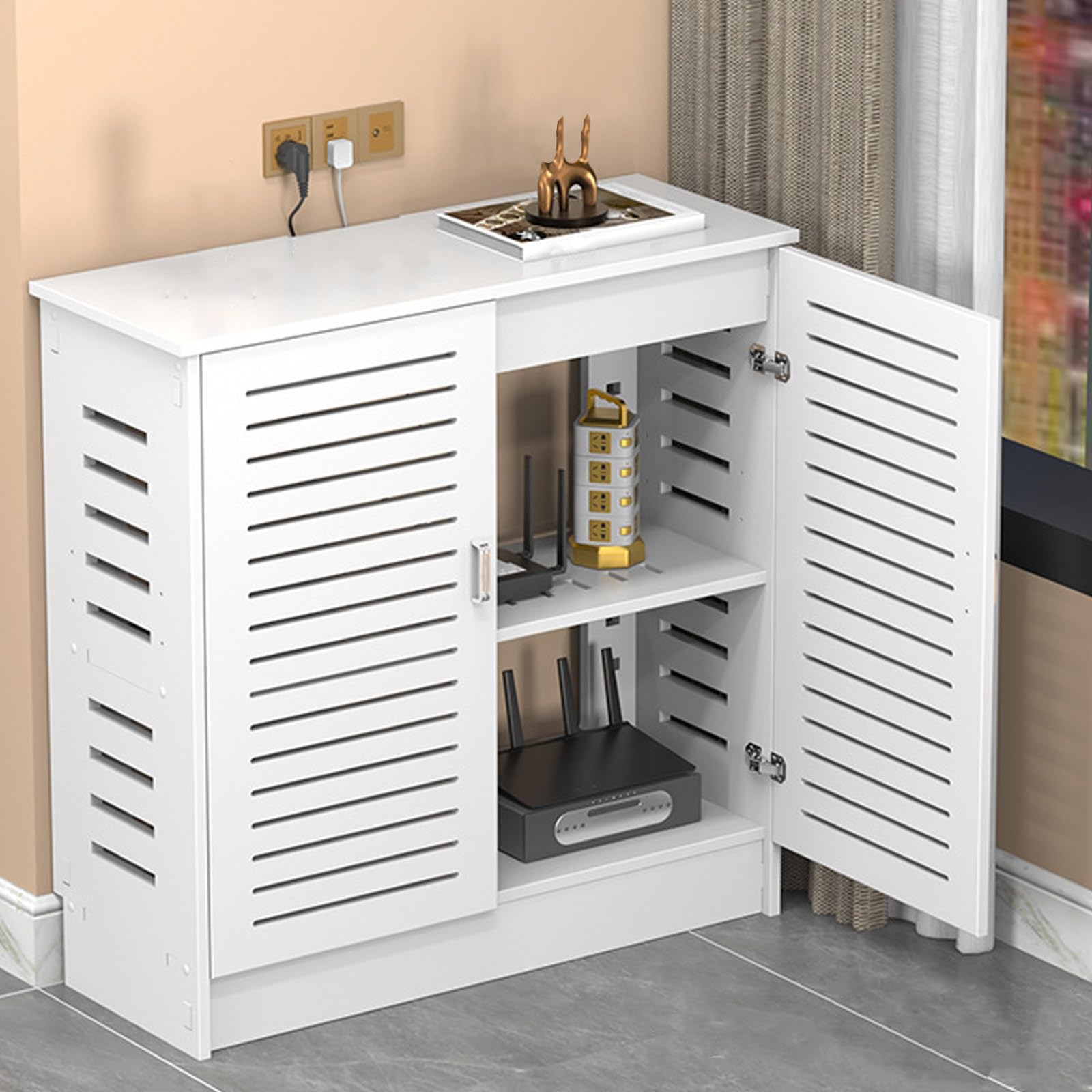Cubre radiadores moderno y mueble de salón para ocultar el router en la oficina