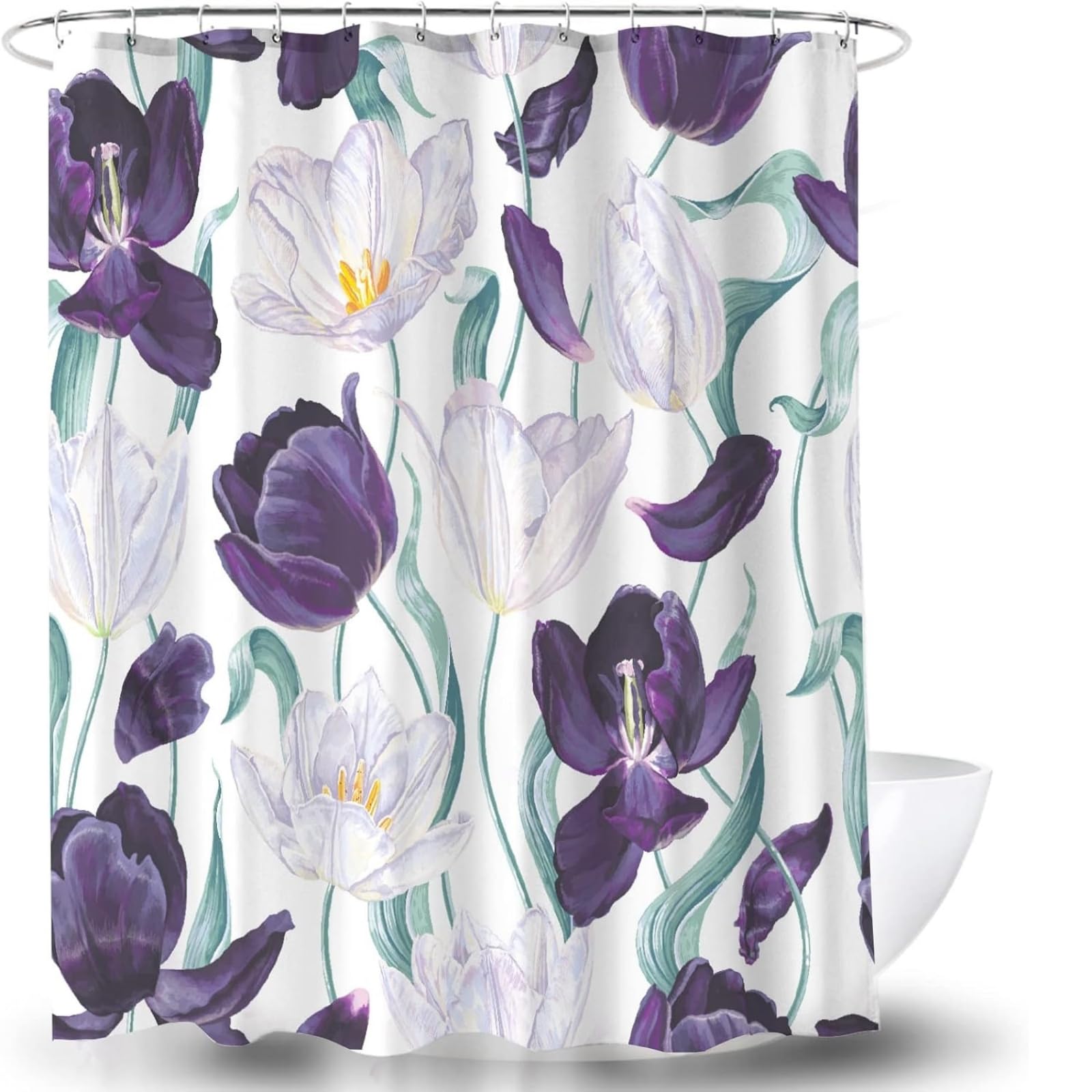 ELELINK Purple Floral Shower Curtain Purple White Flowers Tulips 72Wx72L Inches Elegance Vintage Nature Plant Polyester Fabric Bathroom Bathtub Curtain with 12 Hooks