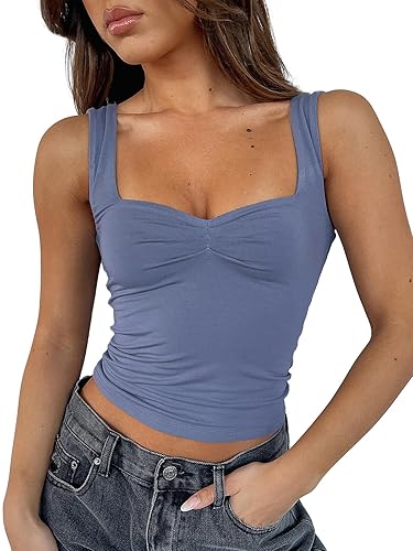 ForeFair Women Sleeveless Sexy Backless Going Out Crop Top Y2K Strappy Ruched Tank Top Summer Tight Slim Fit Cute Tops - X-Small - Grayblue