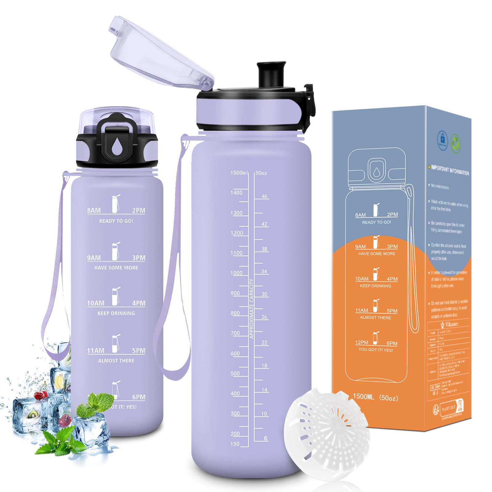 Vikaster Borraccia Sportiva, Borraccia 500ml/1000ml/1500ml, Senza BPA & Prova di Perdite, Bottiglia Acqua Bambini, Bici, Scuola, Palestra, Ufficio, Yoga