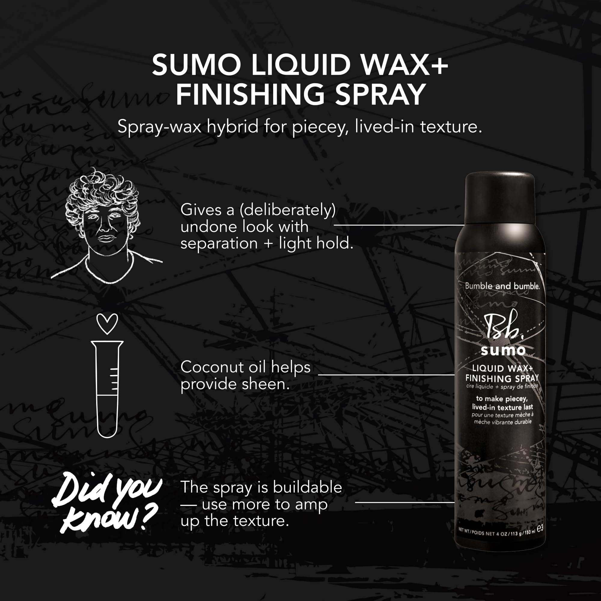 Bumble and bumble. Sumo Liquid Wax + Finishing Spray | For Piecey Texture, Buildable Separation, Light Hold + Natural Shine | With Coconut Oil | For All Hair Types, 4 Ounce