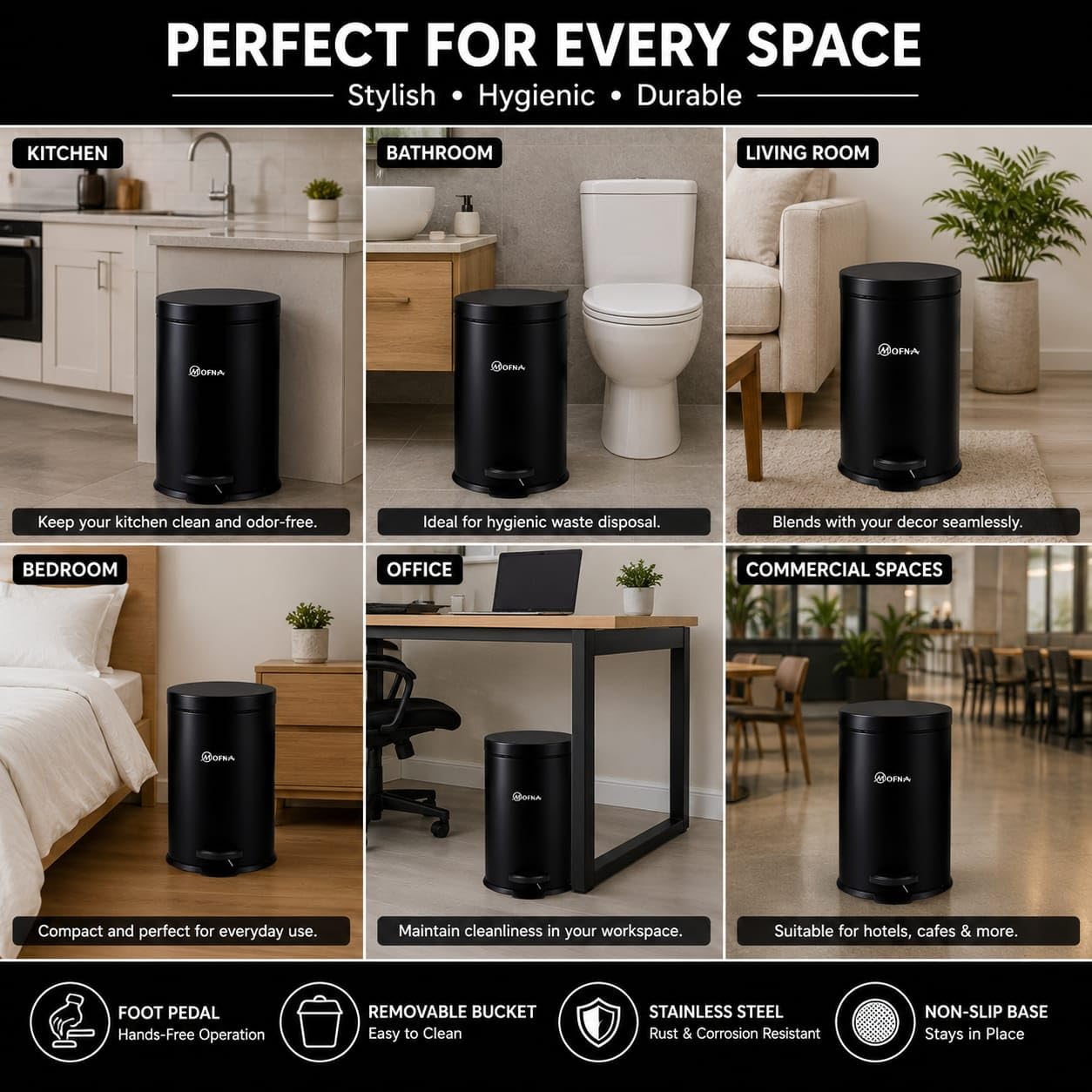 Stainless Steel Pedal Bin - Touch Free Wastebasket -6