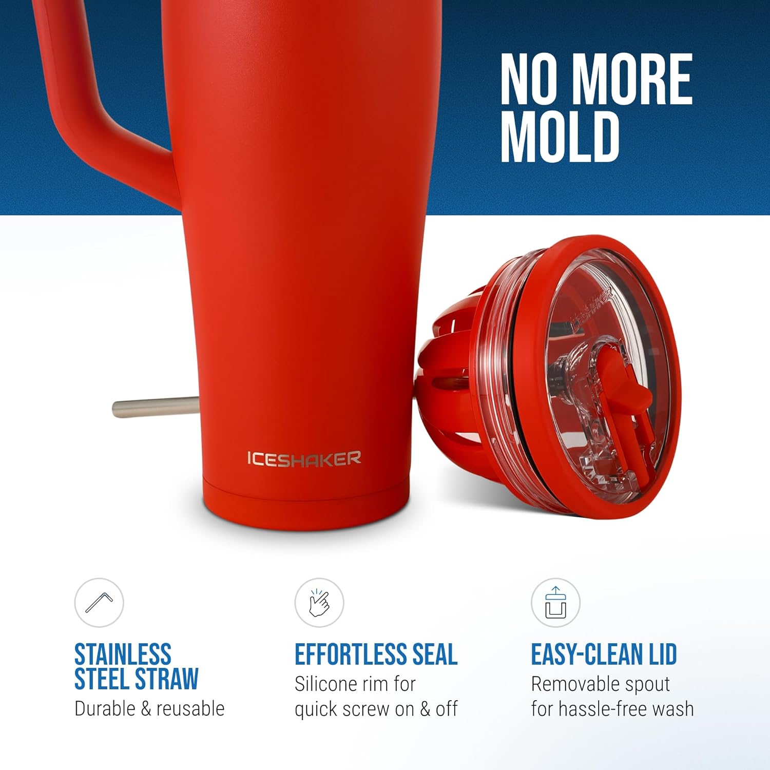Ice Shaker 40 oz Tumbler with Handle and Straw | 40oz Red | Cold for 30+ Hours | 2-in-1 Tumbler Shaker Bottle | Odor-Free 40 ounce Bottle for Water, Protein Shakes, Smoothies, Cocktails - Image 2